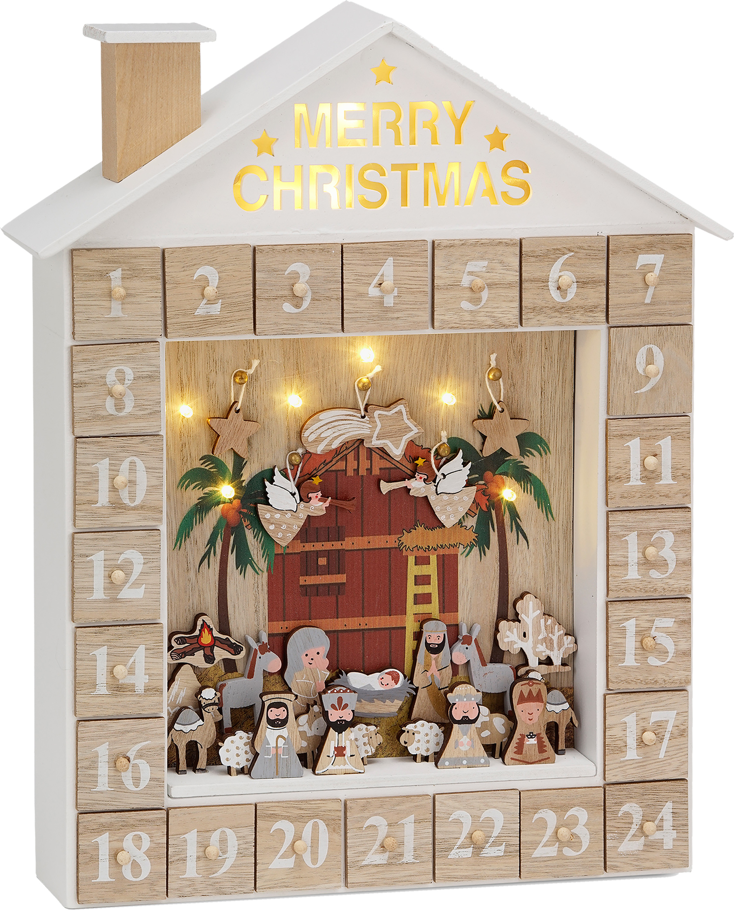 BRUBAKER Adventný kalendár Jasličky s LED osvetlením Biela zlatá béžová - 31,5 x 38,2 x 6,3 cm