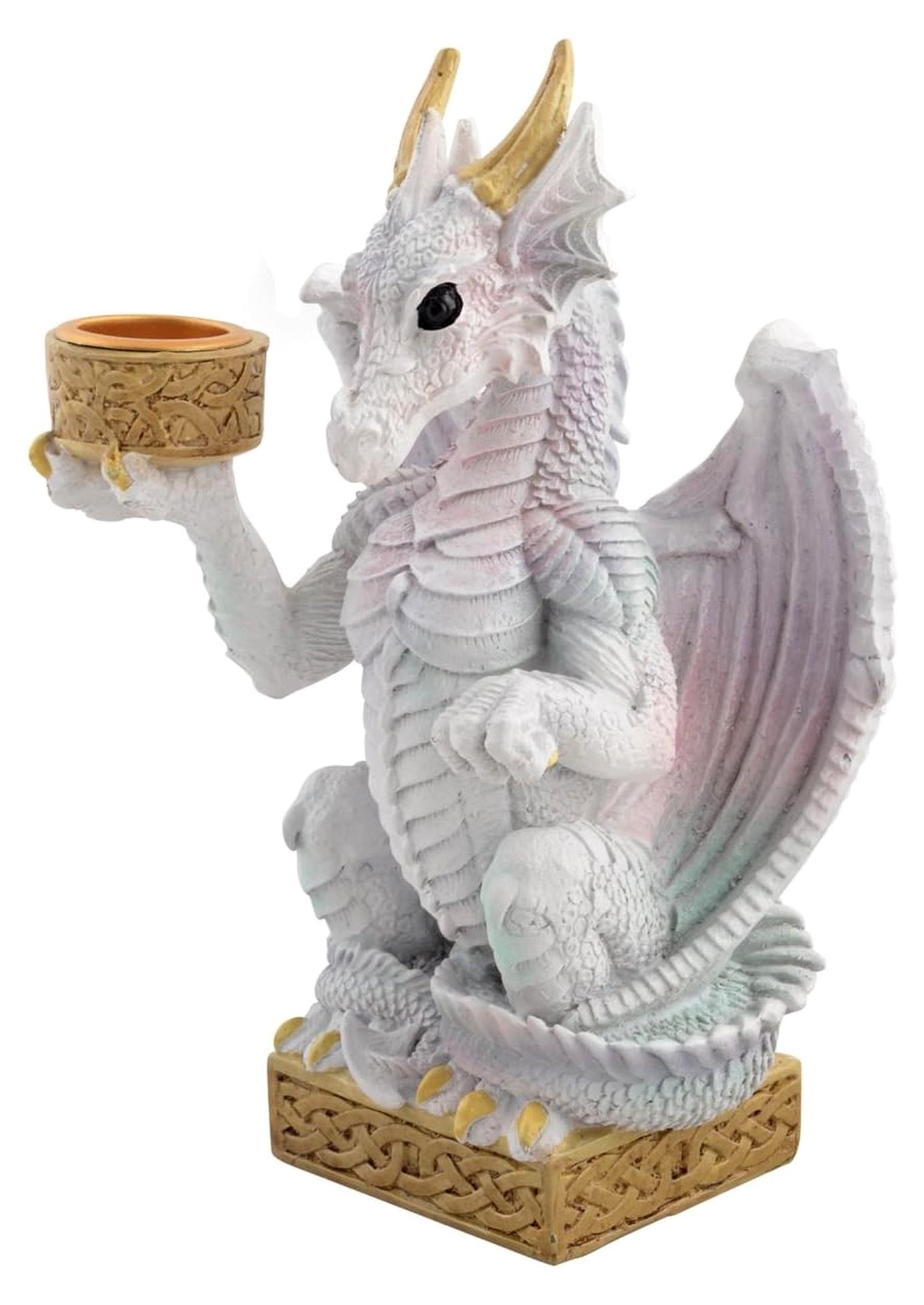 Markenlos Figur Drache, Kerzenhalter weißer Drache, Regenbogendrache, Gothik 16cm