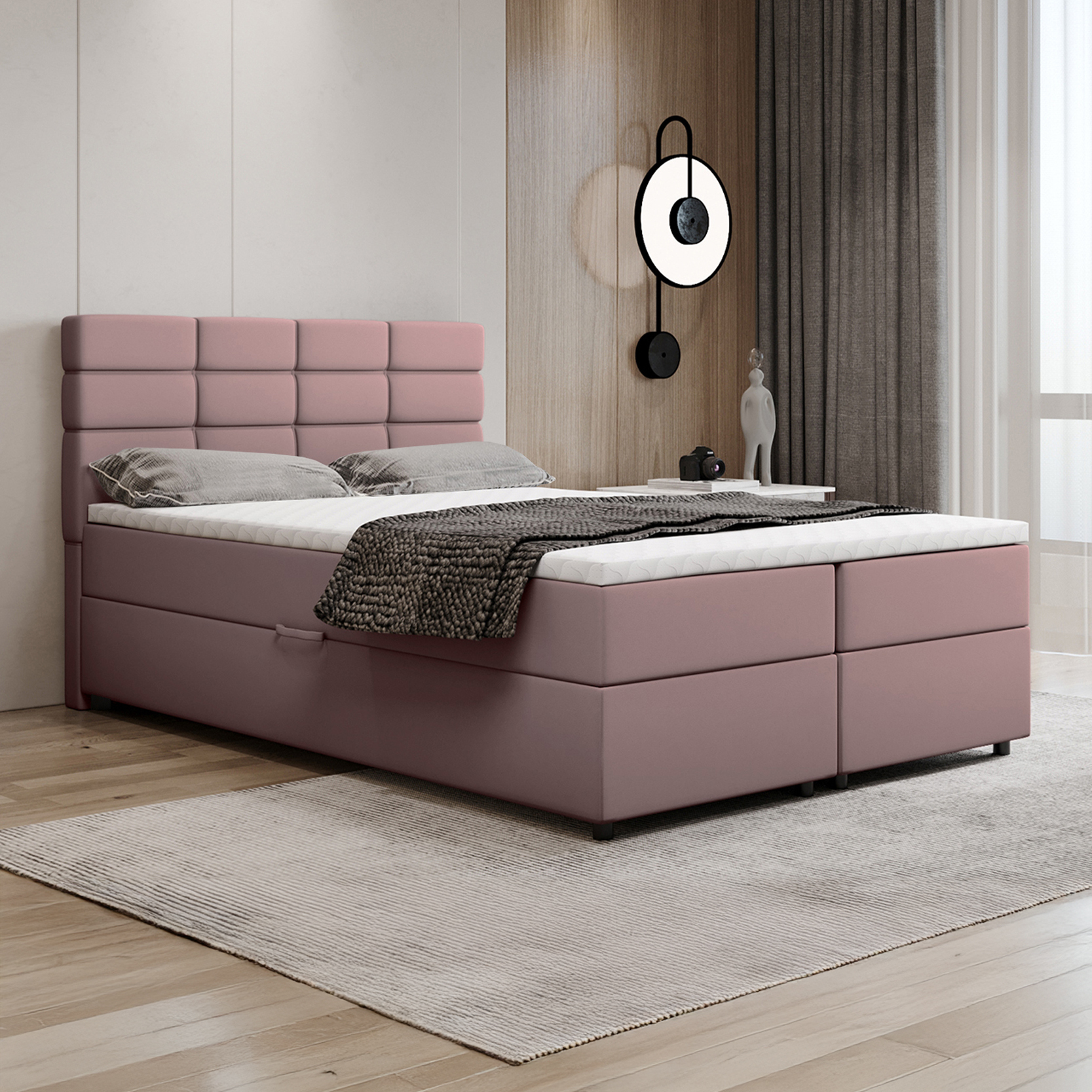 Boxspringbett 140x200, mit Bettkasten, Rosa, Matratze und Topper, Doppelbett, REVE, Panda Möbel