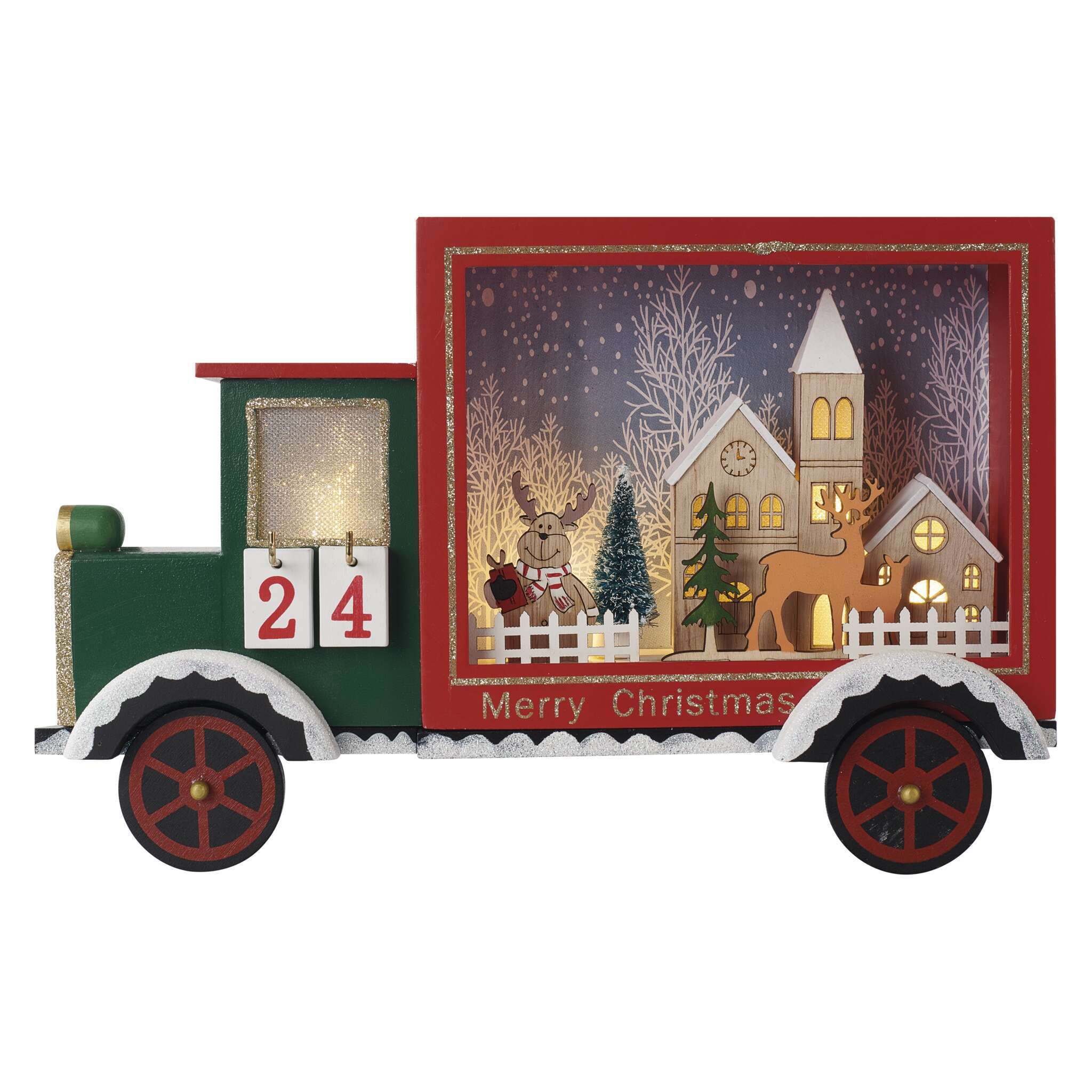EMOS LED adventný kalendár, drevené auto,  20x30,5 cm, 2x AA, vnútorný, teplá biela, časovač, DCWW32