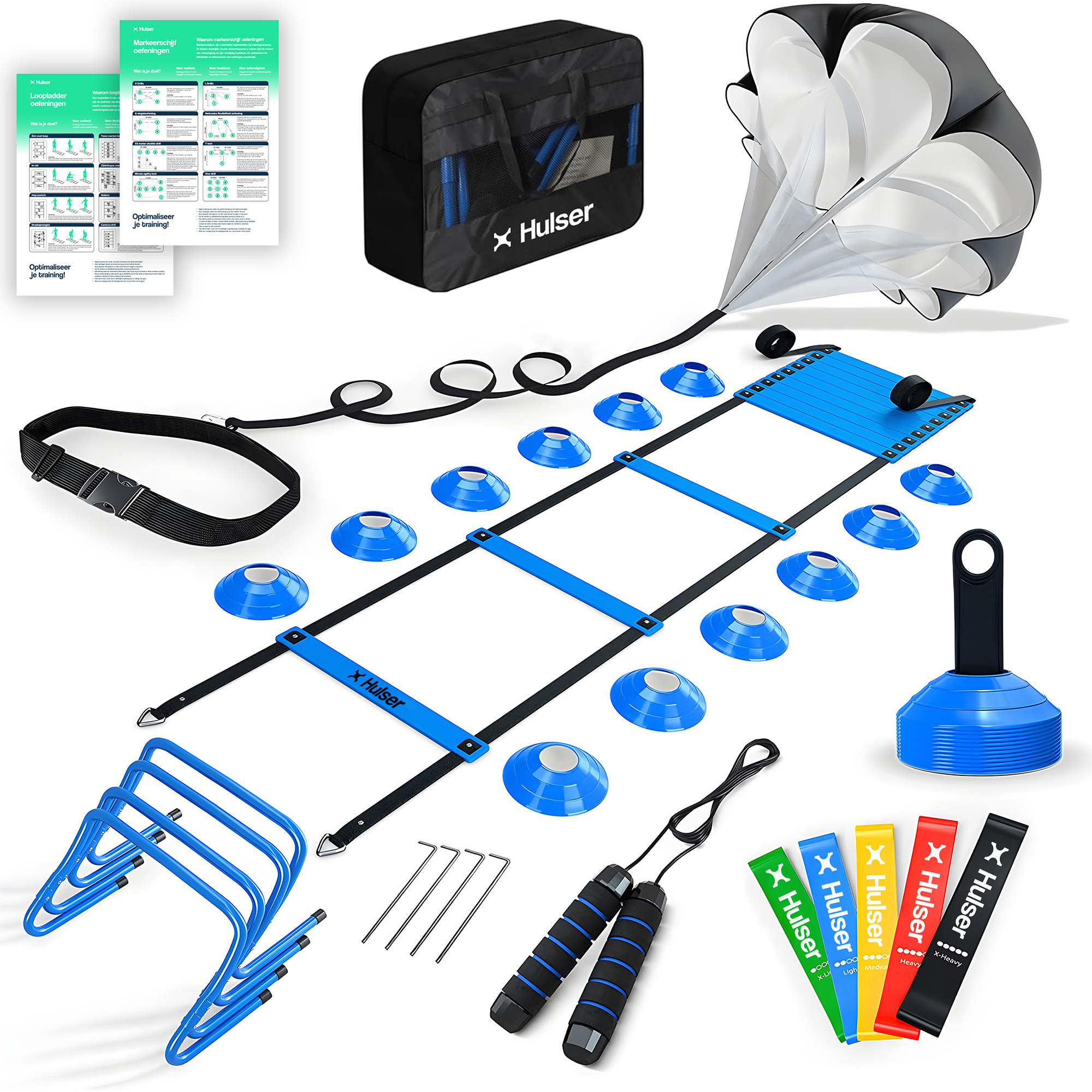 Hulser Fußball Trainingszubehör Blau - Fußball Koordinationsleiter 6 m, Hürden, Markierungshütchen, Springseil, Fallschirm - Bewegungsgeschwindigkeit HUL-WOSET-BLU