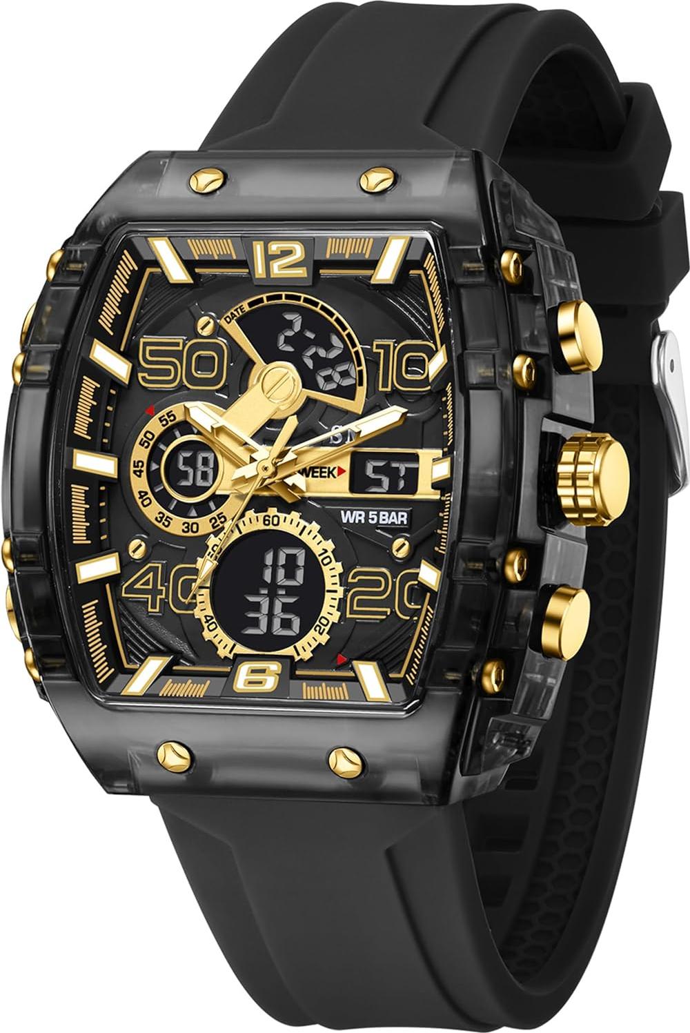 findtime Herren Digitaluhr Sportuhr mit Rechteckgehäuse – Stoppuhr, LED, Wecker, 5ATM wasserdicht, Silikonarmband, Outdoor Uhr für Männer, Jugendliche & Alltag