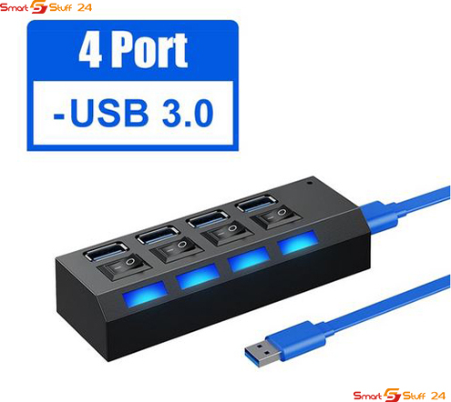 AURUM USB 3.0 Hub 4 Port Adapter mit LED-Anzeige Unabhängiger Schalter für PC Laptop USB3.0 4port HUB