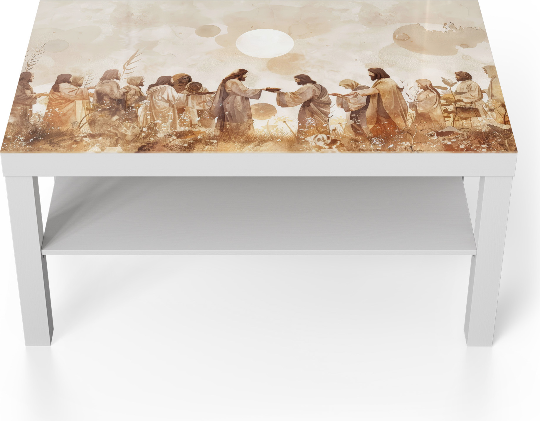 DEQORI Couchtisch 90x55 cm Weiß 'Himmlische Versammlung' Glas Beistelltisch Glastisch modern TL-90-55-W-4898