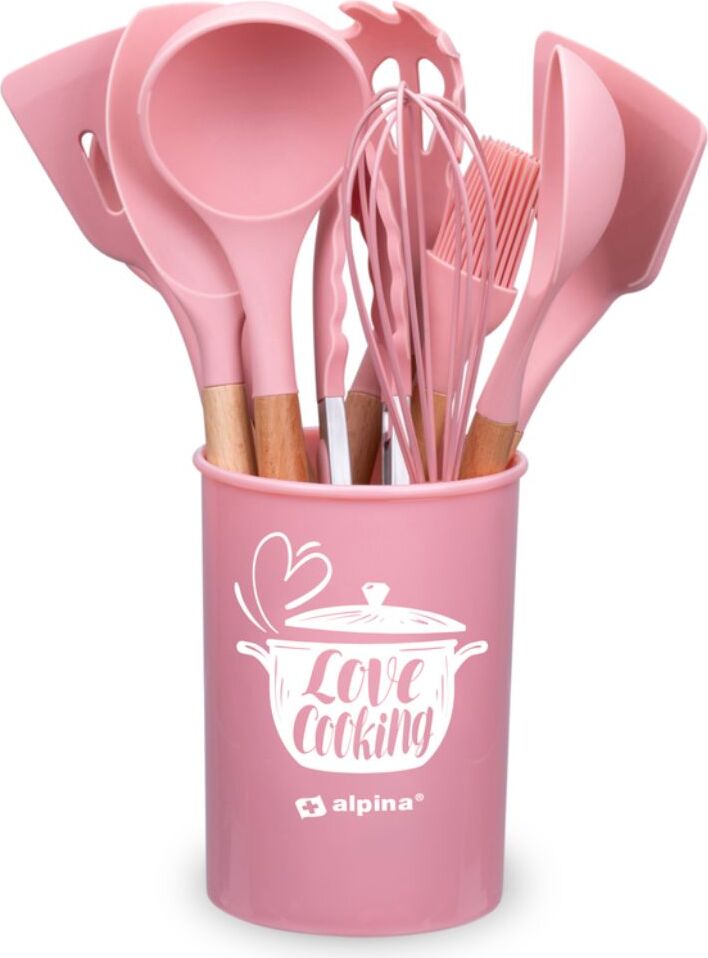 Set di utensili da cucina, 19 utensili da cucina in silicone con supporto, set di coltelli da cucina per cucina, utensili e gadget da cucina antiaderente con manico in legno (rosa