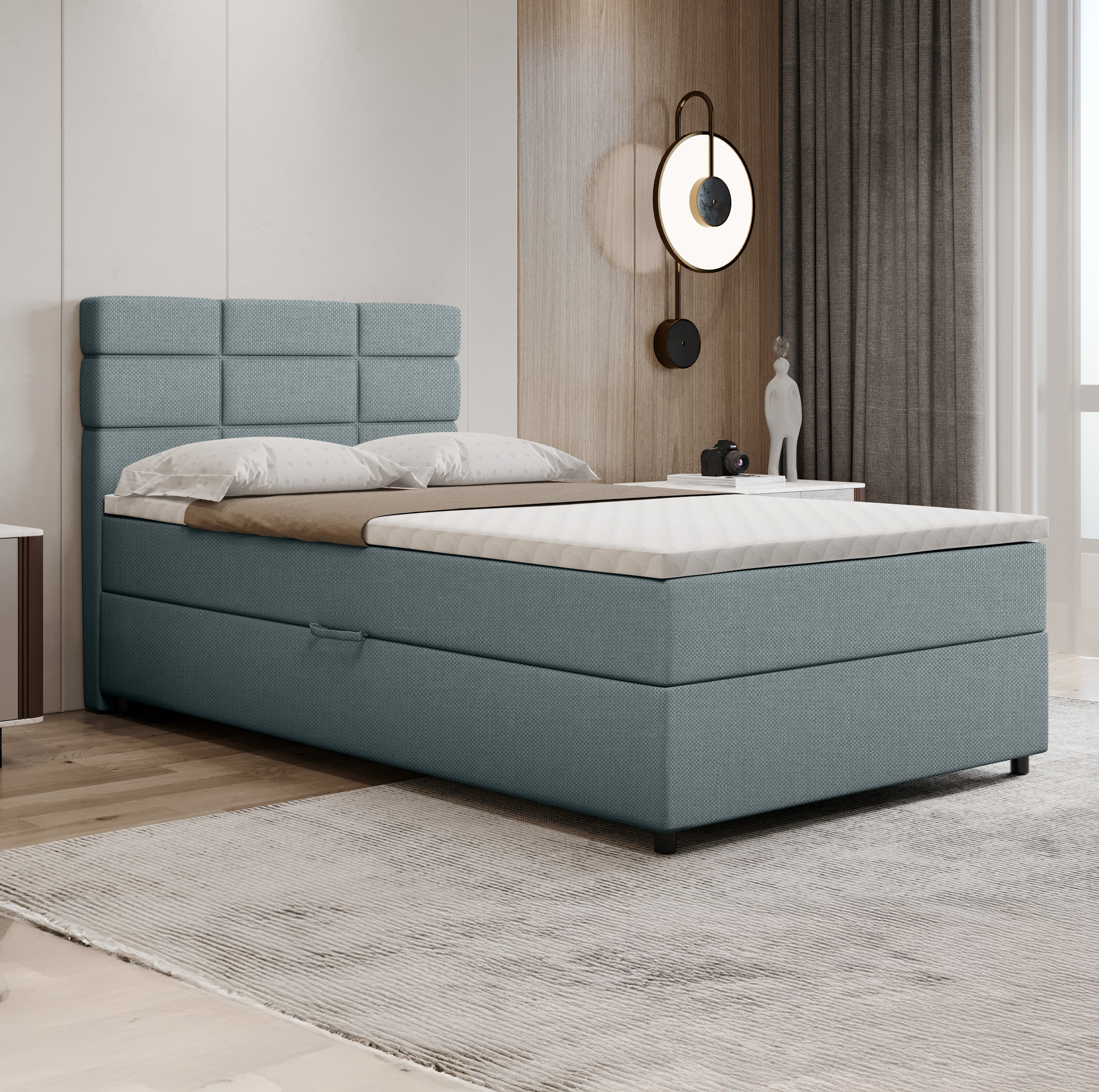 Boxspringbett 120x200, mit Bettkasten, Hellblau, Matratze und Topper, Einzelbett, REVE, Panda Möbel