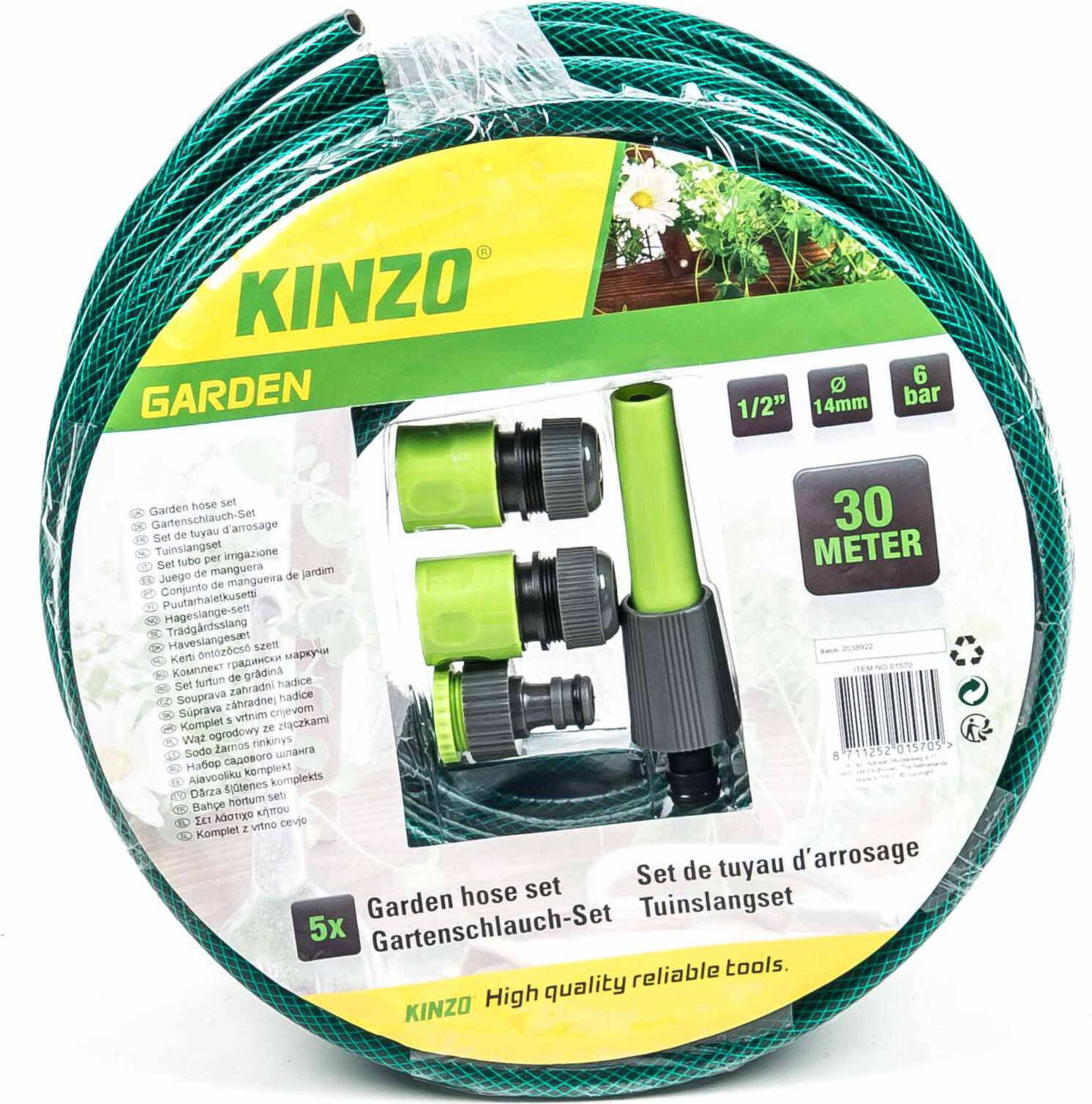 Gartenschlauch-Set von Kinzo Garden mit Anschluss-Adapter und Spritzdüse, 3-lagig, Stärke 1/2