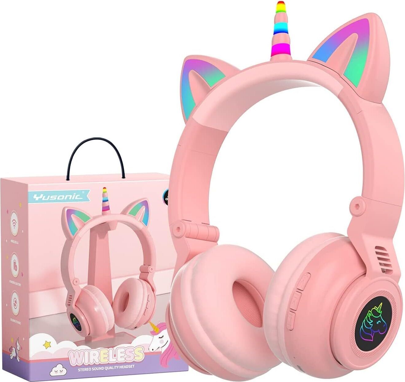 Dievčenské Bluetooth slúchadlá cez uši s jednorožcom, farebnými svetlami, mikrofónom a slotom na SD kartu pre deti od 3 rokov. (Ružová)