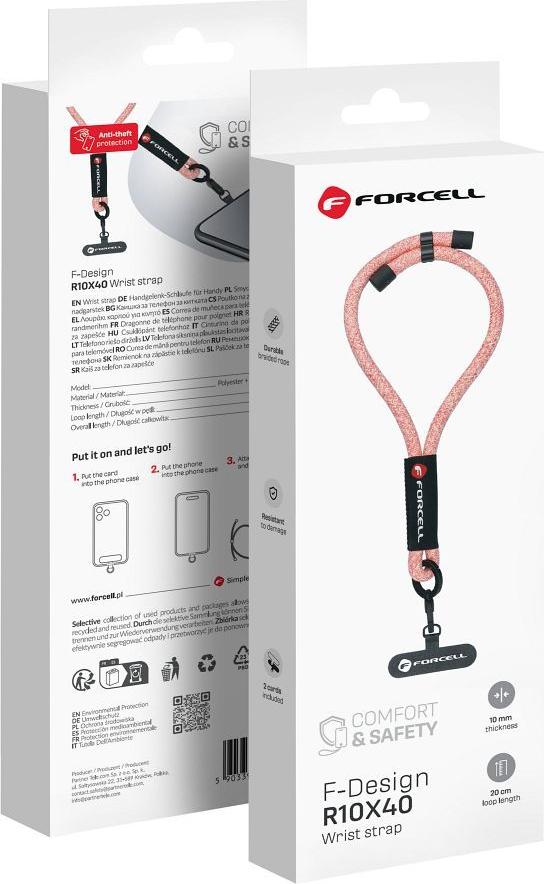 FORCELL F-DESIGN R10X40 šnúrka na telefón na zápästie s nastaviteľnou dĺžkou (max. 20 cm v pútku) ružová biela