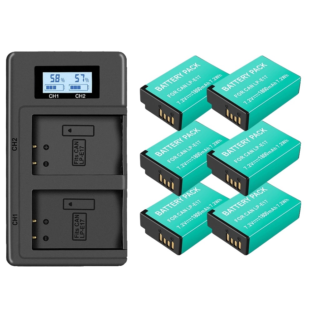 Batéria LP-E17, kapacita 1800 mAh, kompatibilná s modelmi Canon EOS, 6 batérií a nabíjačka