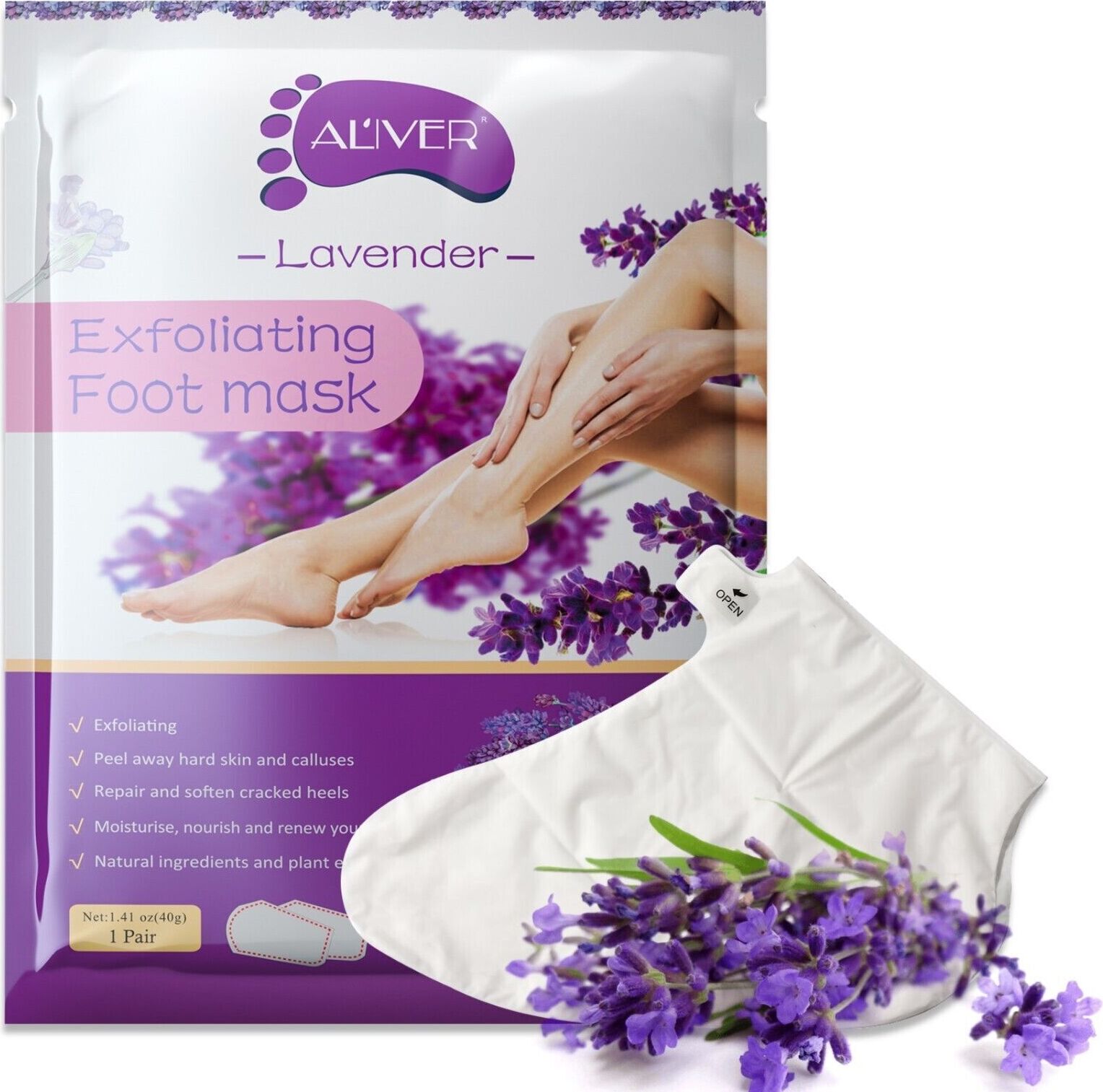 ALIVER Fußmaske Fusspeeling Fußpflege Anti Hornhaut Socken Hornhautentferner Lavendel, Menge:1 Paar NEW-2460