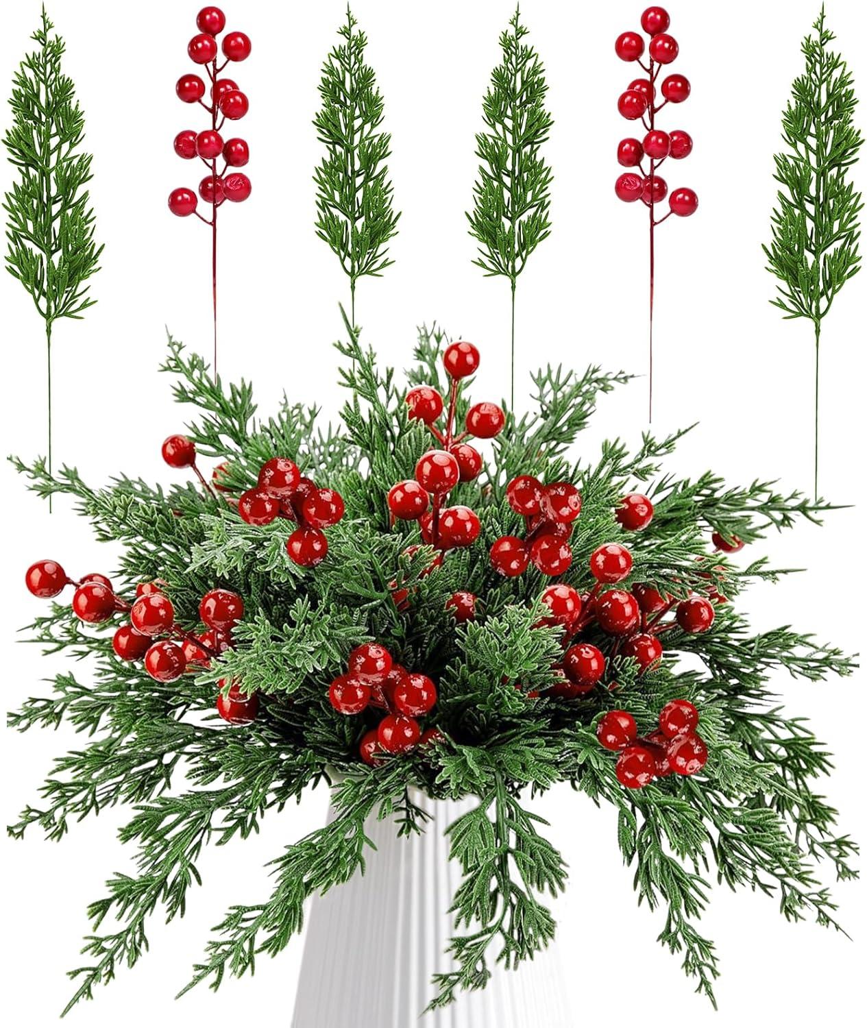 Weihnachtszweige Für Vase 60-teiliges Kunst-Tannenzweig-Set Mit Roten Beeren – Weihnachtsdeko Zum Basteln Von Kränzen, Gestecken & Vasen