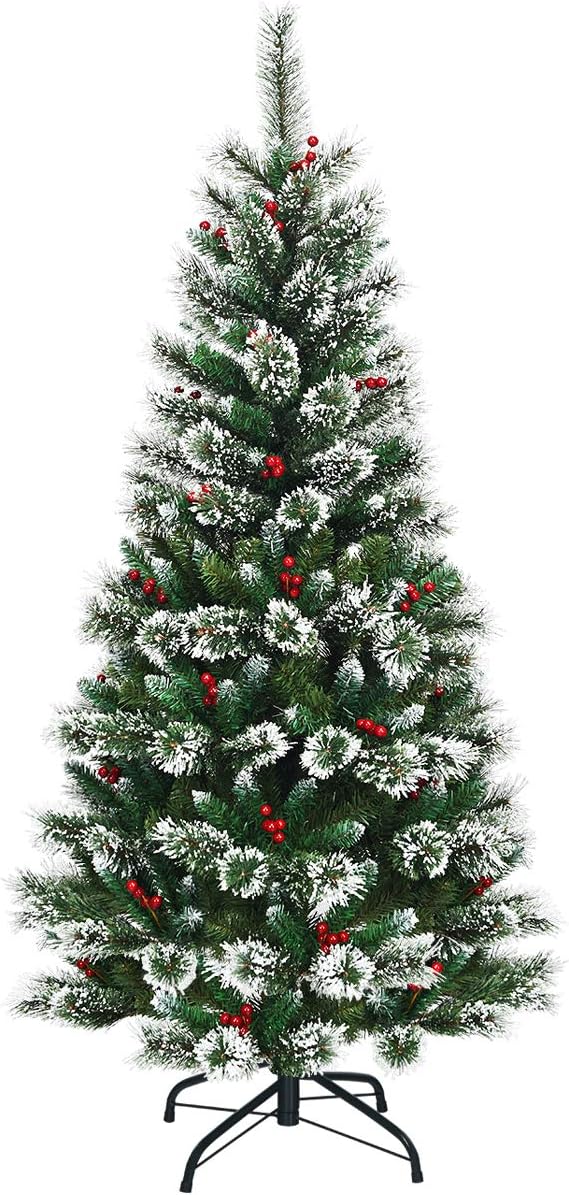 GIANTEX 180cm Künstlicher Weihnachtsbaum mit Eisen-Rahmen, Schneeflocken und roten Früchten, Weihnachtsfeier, für Familientreffen, Weihnachtsfeiern, Dekoration FP55133DE