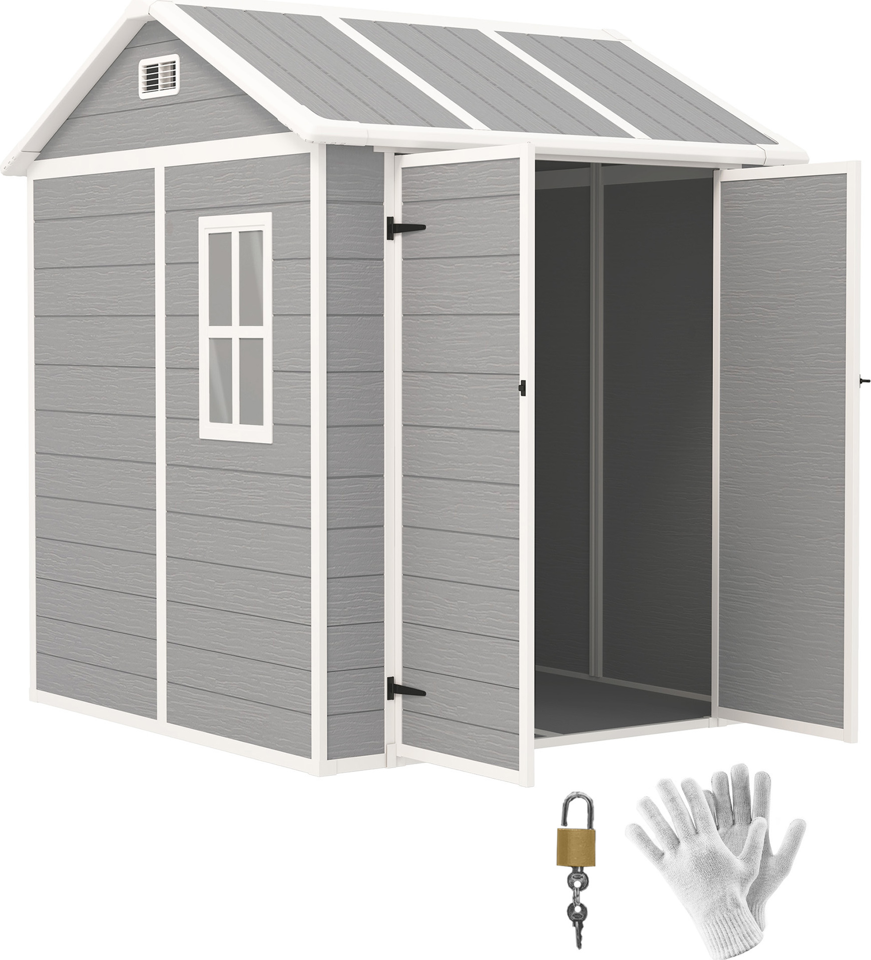 Outsunny záhradný domček PP s podlahou, 2,91m² záhradný domček s dvojitými dverami a zámkom, šikmá strecha, terasa, dvor, vonkajšia plocha, 181x181x220cm, sivá