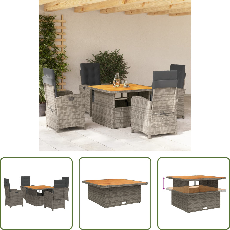 The Living Store 5-dielny záhradný jedálenský set s vankúšmi sivý polyratan