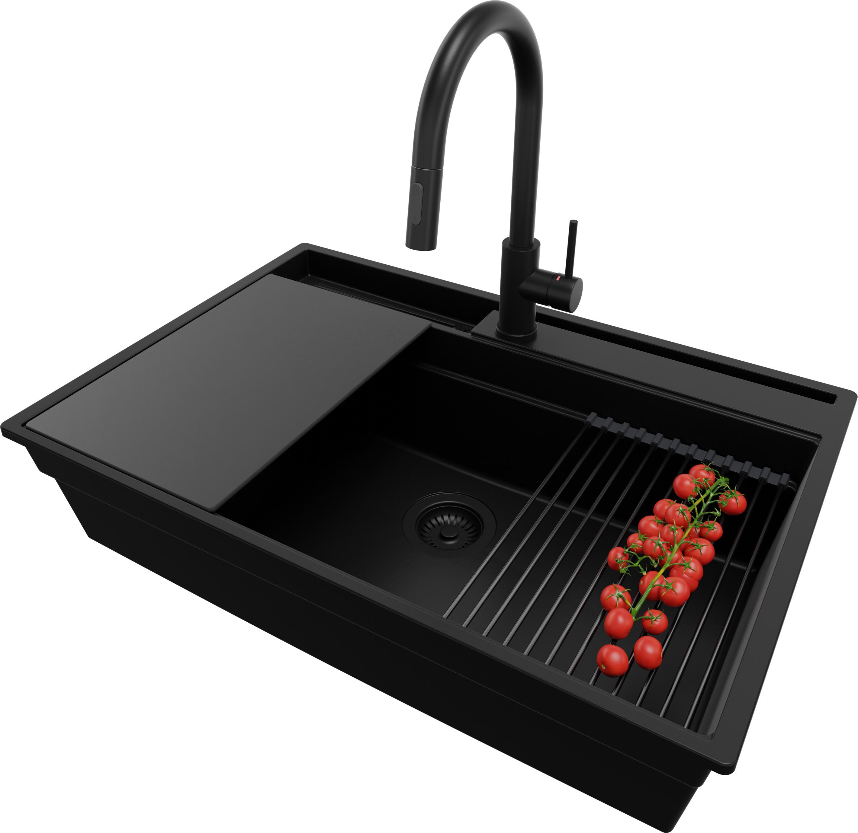 PRIMAGRAN Granitspüle Alles Schwarz 78x53cm, Spülbecken 1 Becken + Ablauf-Set + Küchenzubehörset, Küchenspüle ab 80er Unterschrank - Oslo Pocket