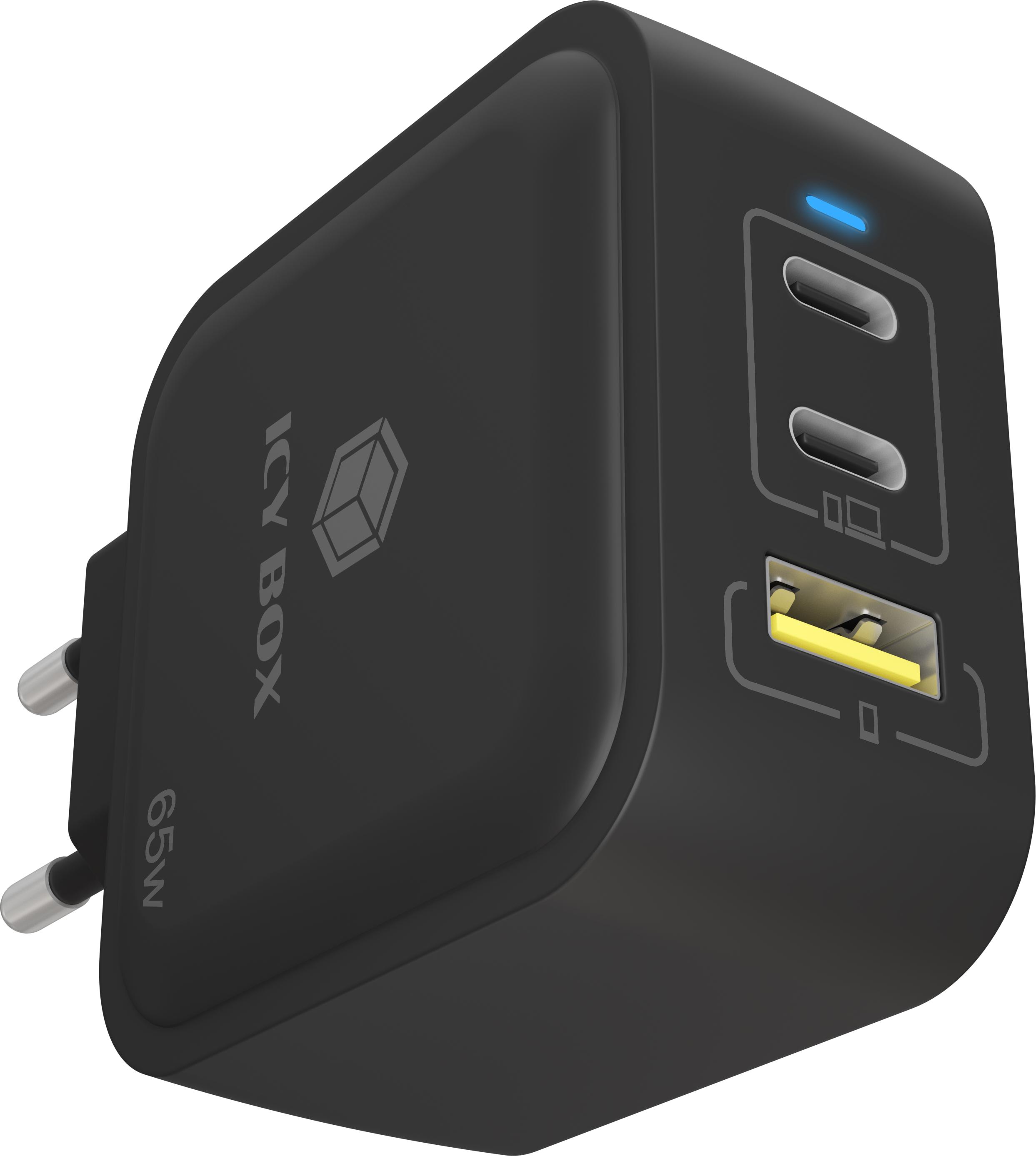 ICY BOX IB-PS1030-PD, 3Port 65W GaN Ladegerät mit Power delivery, 2x USB Type-C®, 1x USB Type-A Anschluss, EU Stcker 61115