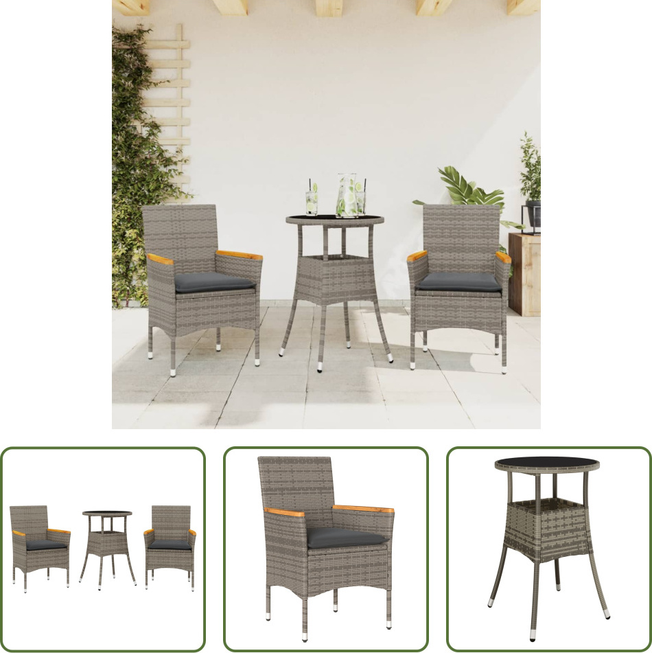The Living Store 3-dielny záhradný jedálenský set s vankúšmi sivý polyratan a sklo
