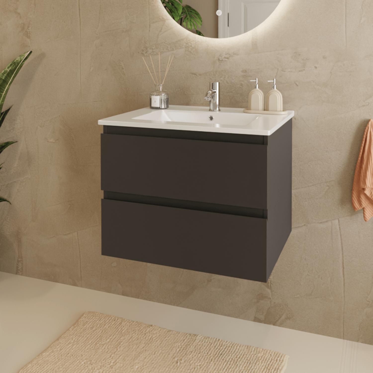 LOMAZOO Badezimmermöbel Mattschwarz 60 cm [MARENZA] - Weißes Waschbecken - Waschtischunterschrank - Keramikwaschbecken - Schwebender Badezimmerschrank LM-MAR-MZ-WW-60