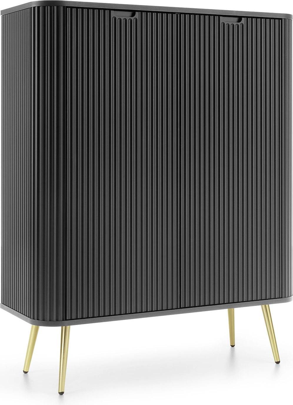 Ravio Hohe Kommode Porto 103 cm Schwarz Zweitürig mit Gerillten Fronten auf Goldenen Metallfüßen
