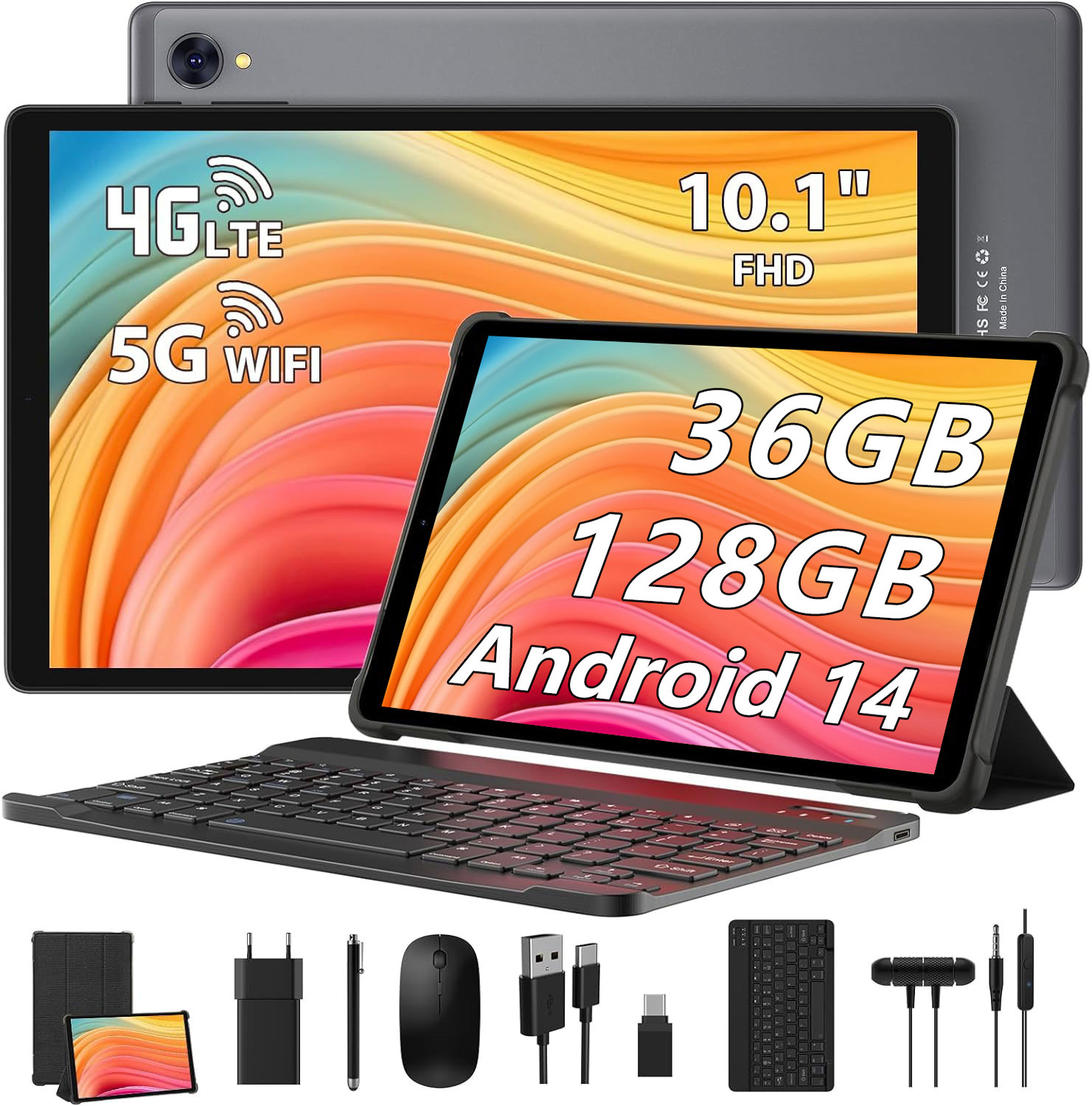 Tablet 10 Zoll mit Tastatur und Maus TOSCIDO, Octa-Core, 36GB+128GB(1TB TF), Android 14, 1920*1200 FHD, 4G LTE/SIM/5G WIFI, 8000mAh, 13MP+5MP, Grau M820