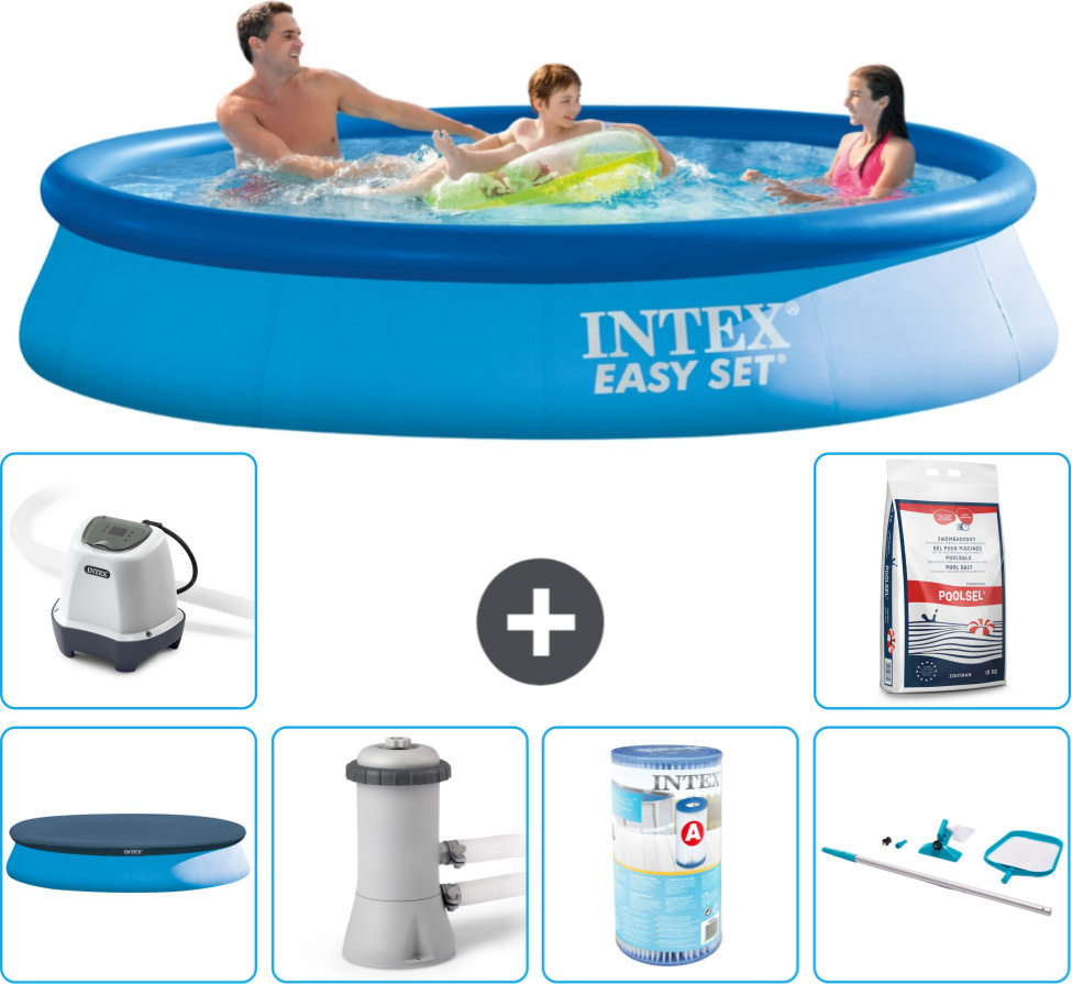 Intex okrúhly nafukovací bazén Easy-Set - 366 x 76 cm - modrý - vrátane krytu - filtračné čerpadlo pre bazén - filter - čistiaca súprava - systém slanej vody - bazénová soľ