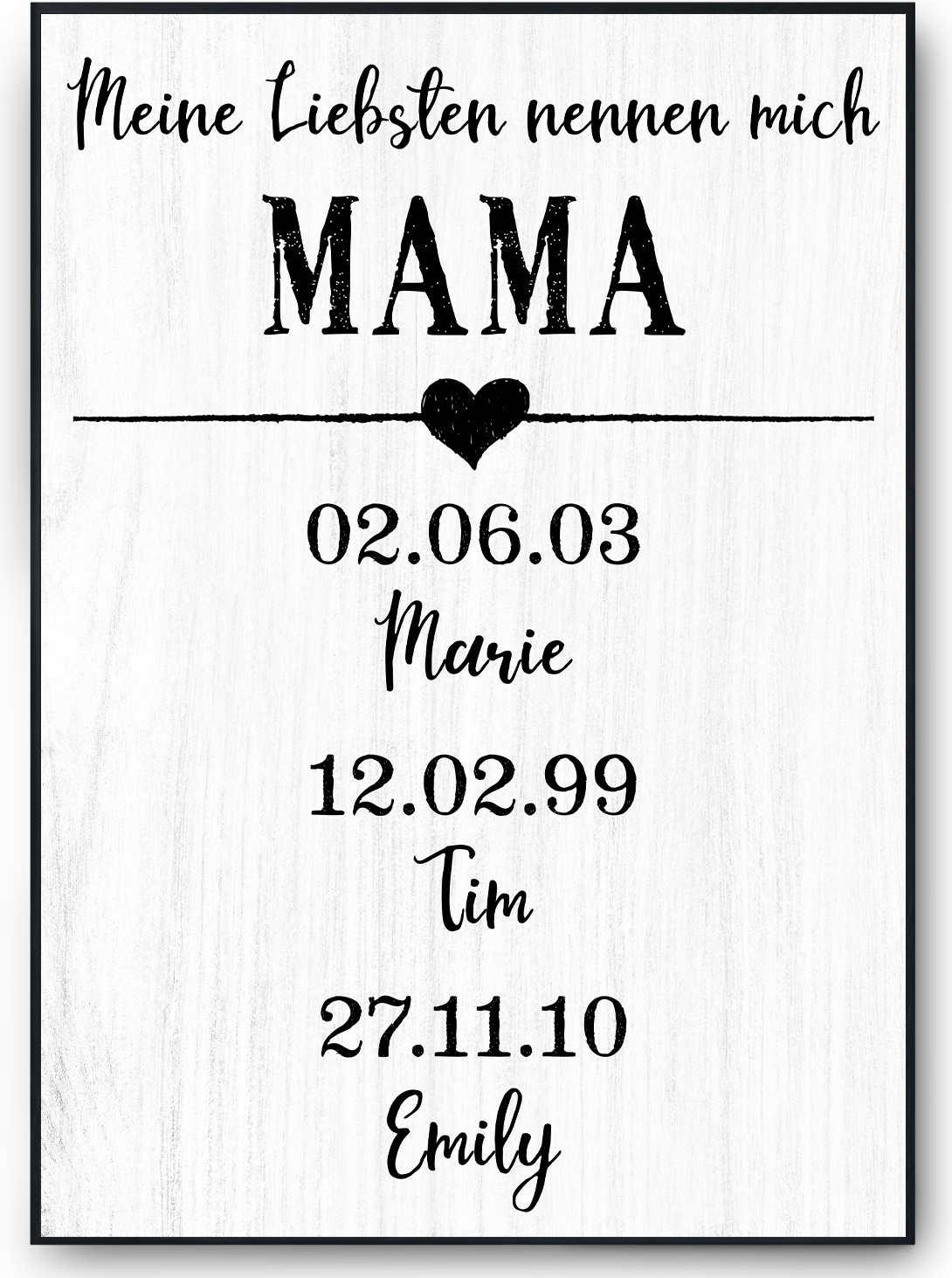 Tigerlino® Personalisiertes Mama Poster mit Namen und Geburtsdaten Geschenk für Mama und Oma Muttertag Geschenkidee Mama Geburtstag – DIN A4 + Rahmen schwarz / 3 Namen