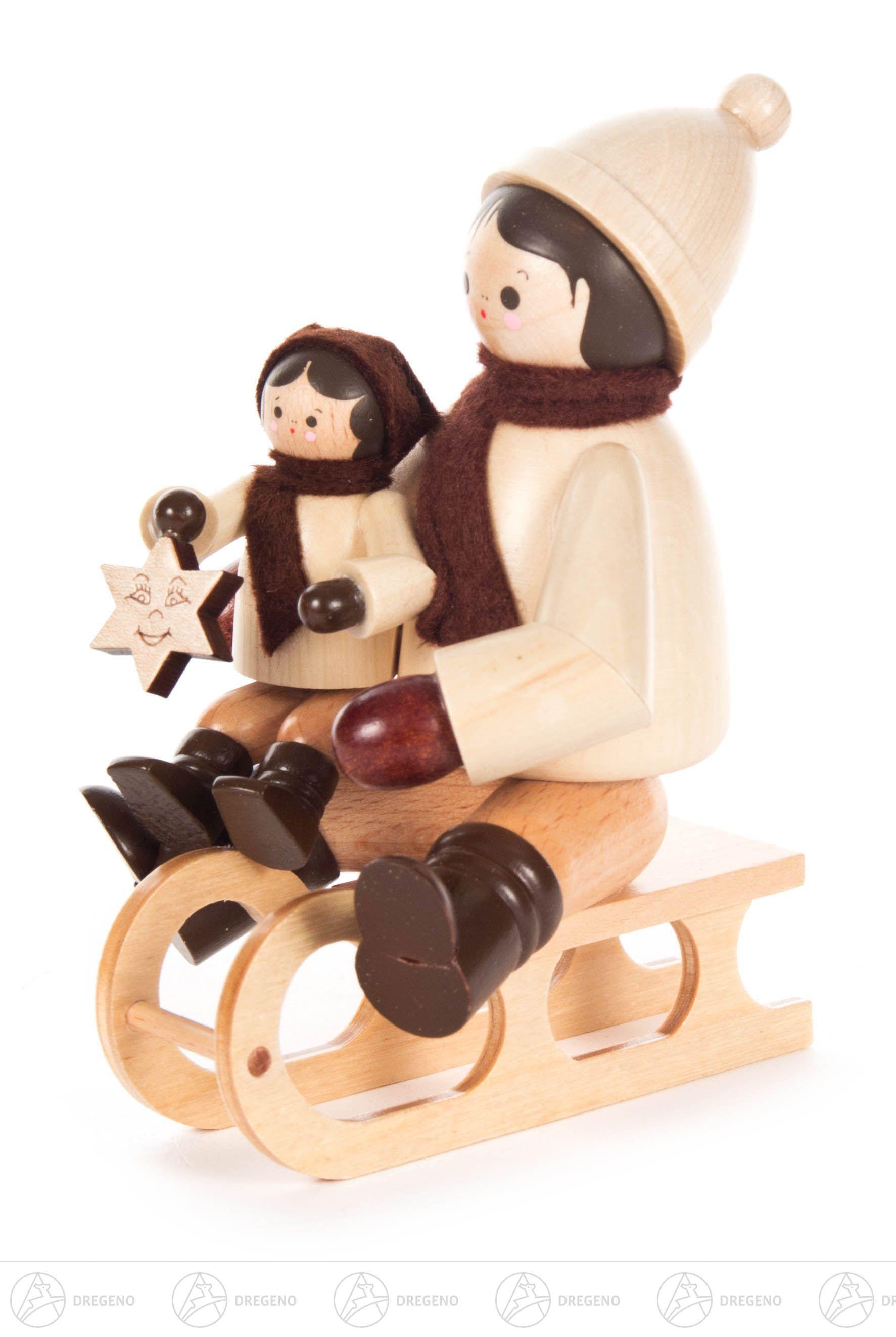 Dregeno Miniatur Schlittenfahrerin mit Kind auf Schlitten, natur Breite x Höhe x Tiefe 7,5 cmx11 cmx8 cm NEU 232/102/9GN