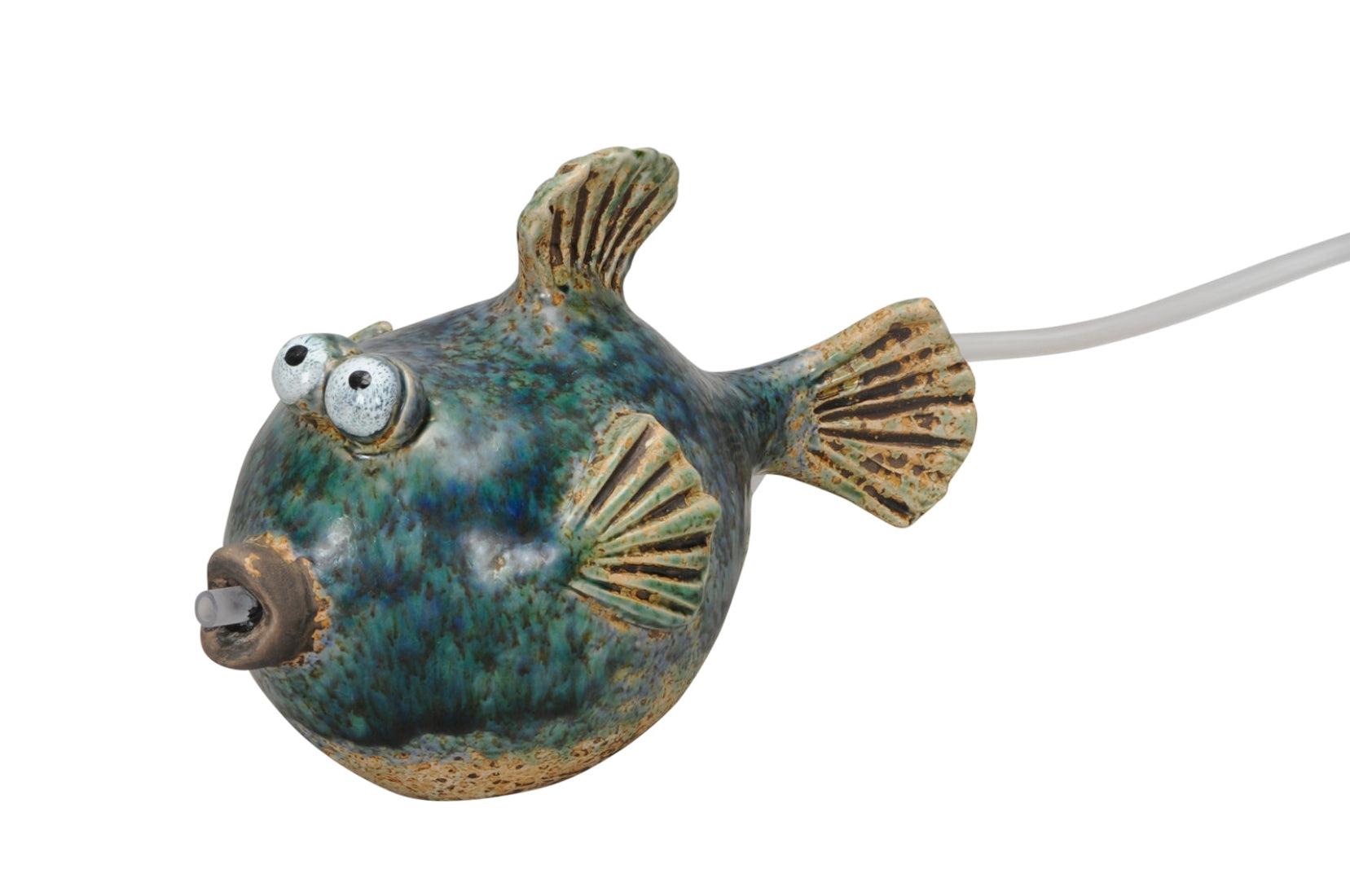 POSIWIO Wasserspeier Fisch blau-braun Steinzeug 21x12cm H13cm mit 230V Pumpe Teichfigur Miniteich Wasserspiel 39338