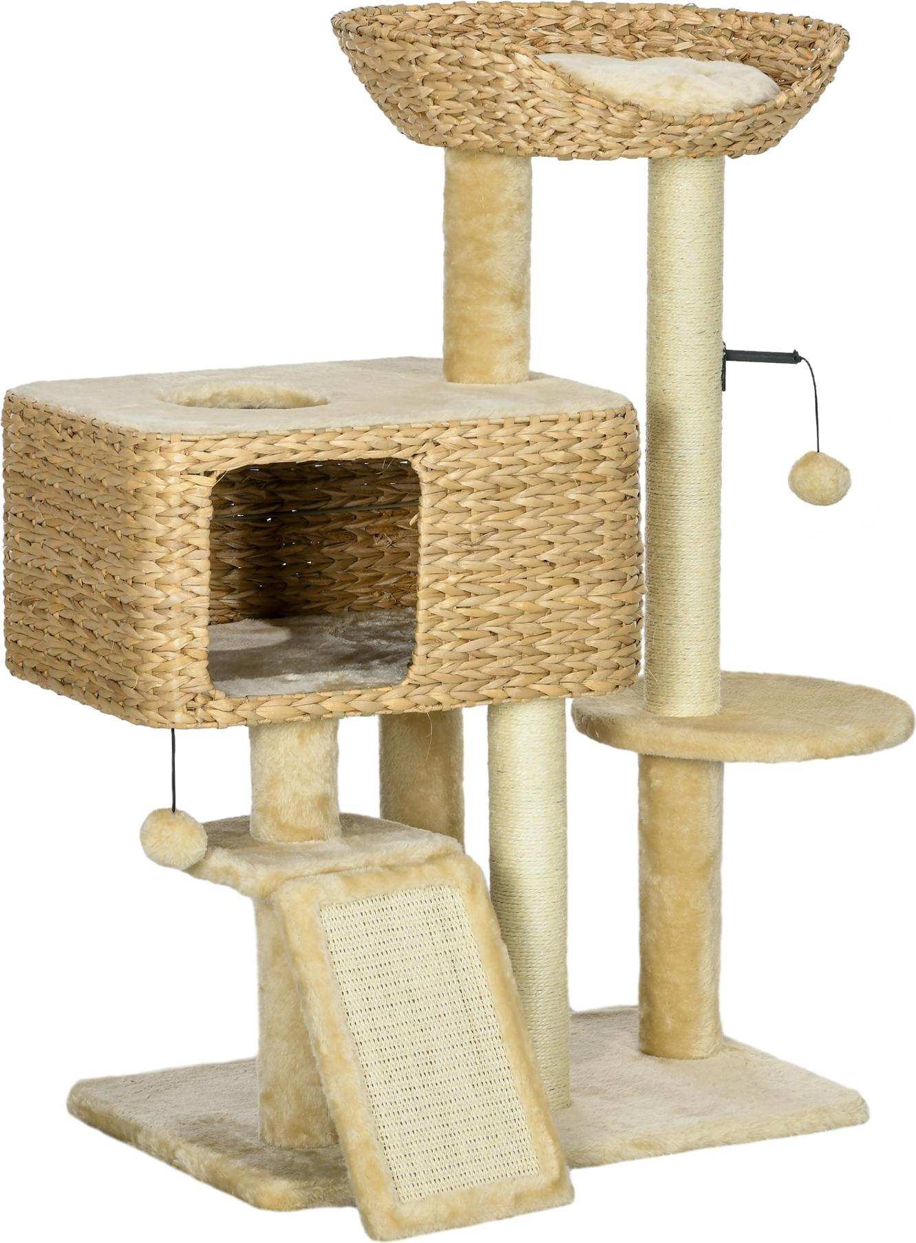 Katzen Kratzbaum 98 cm Katzenbaum mit 2 Leigefläche, Katzenkratzbaum Spielball für Katzen bis 6 kg, Katzenmöbel, Sisal, Beige