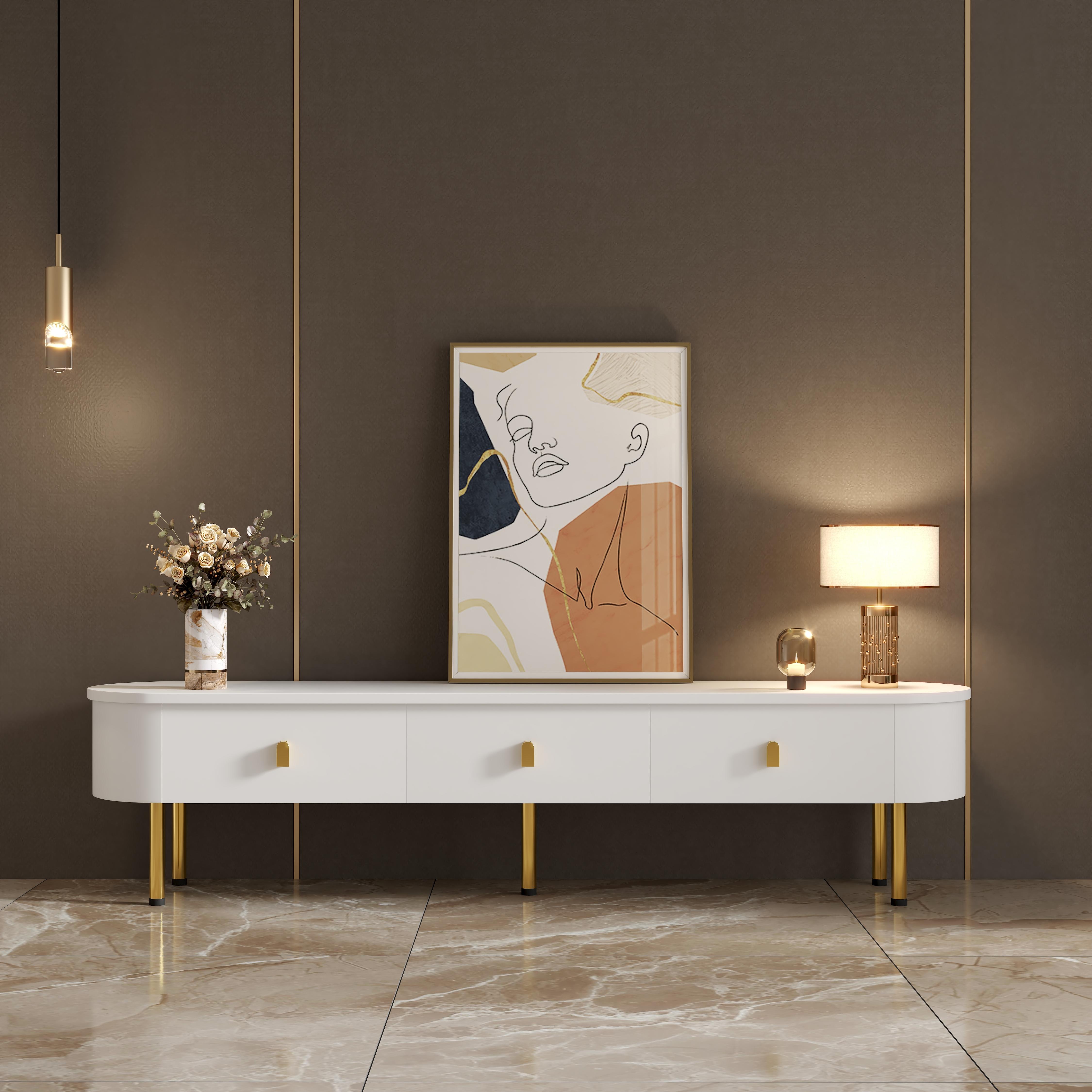 Merax TV-Schrank mit 3 Schubladen,Lowboard mit goldenen Griffen und Beinen, geschwungene Kanten, Lackoberfläche, 174 x 35 x 41 cm – Weiß und Gold