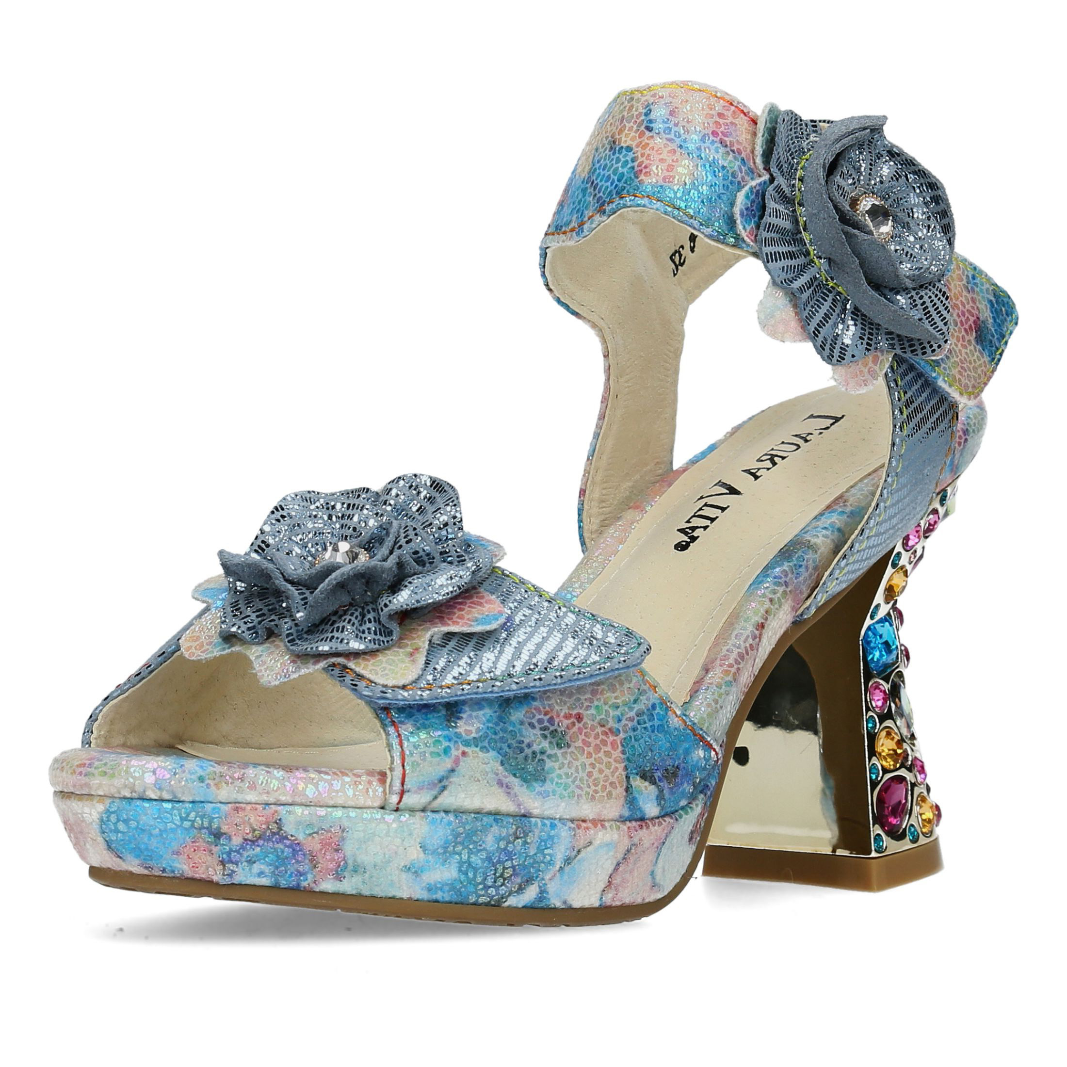 Laura Vita Damen Sandalette Blüte High Heel Klettverschluss Strass Hicao 624, Größe:37 EU, Farbe:Blau HICAO_624_Bleu_37