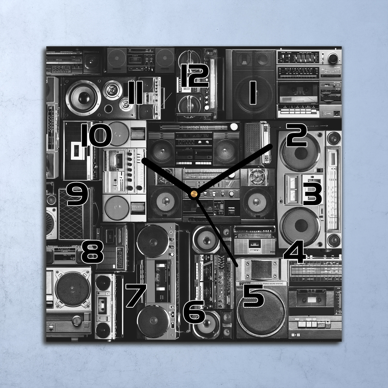 coloray Wanduhr Echt-Glas-Küchenuhr Kassettenrecorder Quarz Lautlos 30x30 Deko Bilder zsk-black-30x30-Retroll-75
