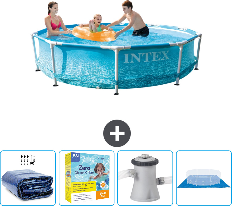 Bazén Intex s okrúhlym rámom - 305 x 76 cm - tlak vody - slnečná markíza v cene - balík na údržbu - filtračné čerpadlo pre bazén - zemný kryt