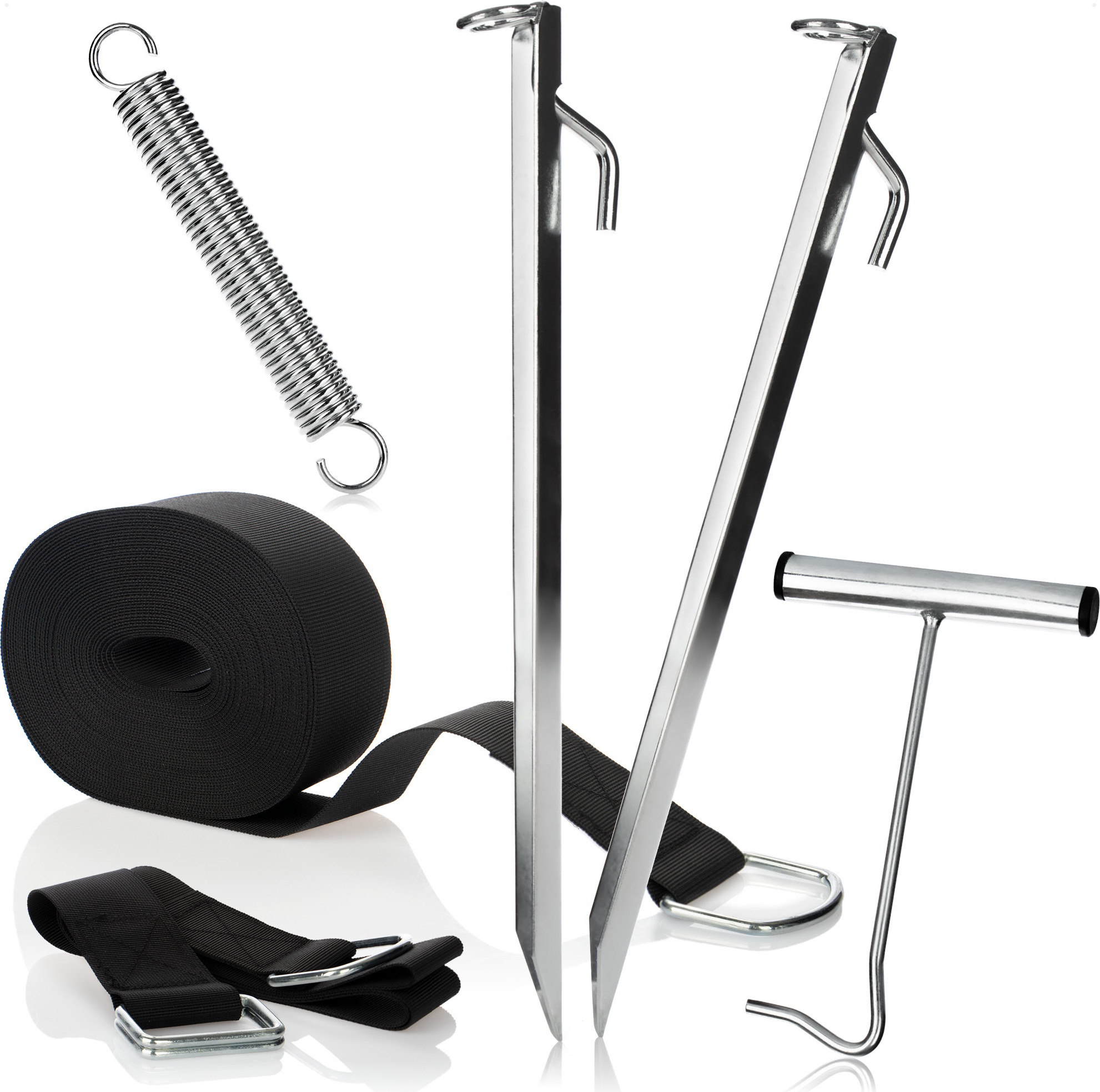 COM-FOUR® 6-teiliges Trampolin Erdanker Set - Sturmband Set mit Hering, Feder, Gurt und Heringzieher - Sturmbänder für Vorzelt und Markise - Vorzelt Befestigung für Camping CF13773