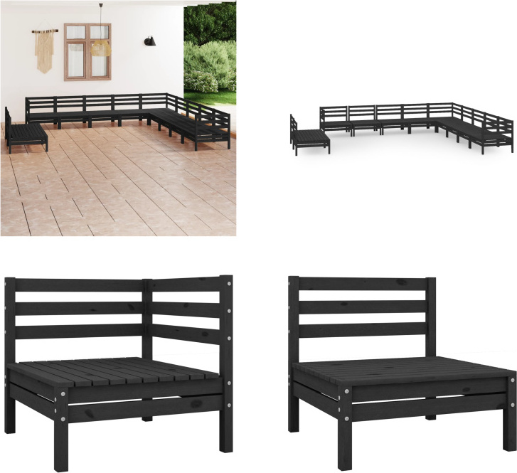 vidaXL 11-dielna záhradná obývacia súprava z masívneho dreva borovice čierna - záhradná obývacia súprava - vonkajšia obývacia súprava - drevená pohovka - drevená záhradná pohovka