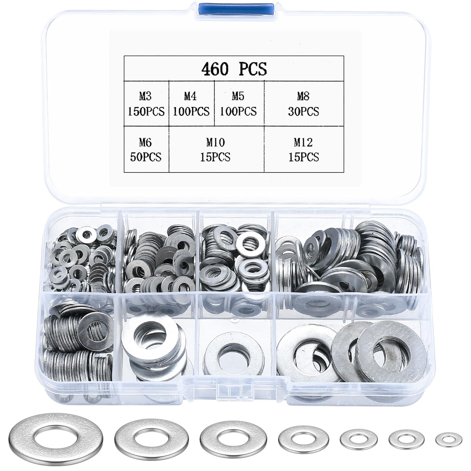 Markenlos Satz mit 460 Flachringen, verschiedenen Ringen, Sicherungsringen aus Kohlenstoffstahl, Metallringen, Distanzringen, M3 M4 M5 M6 M8 M10 M12
