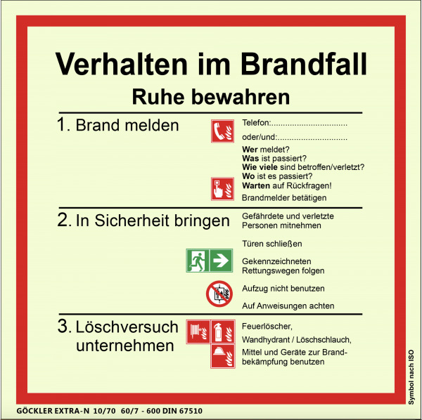 MBS FIRE Verhalten in Brandfall Schild ISO 7010 Brandschutzordnung nachleuchtend