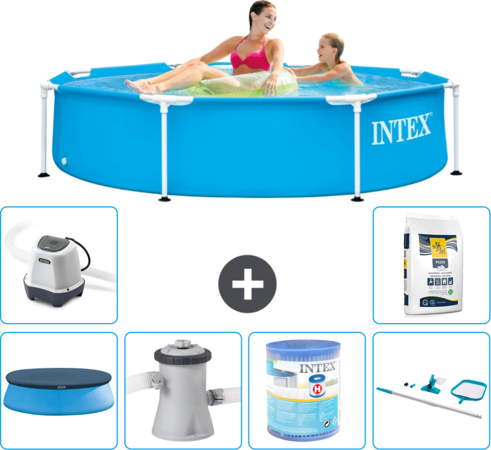 Bazén Intex s okrúhlym rámom - 244 x 51 cm - modrý - vrátane krytu - filtračné čerpadlo pre bazén - filter - čistiaca súprava - systém slanej vody - bazénová soľ