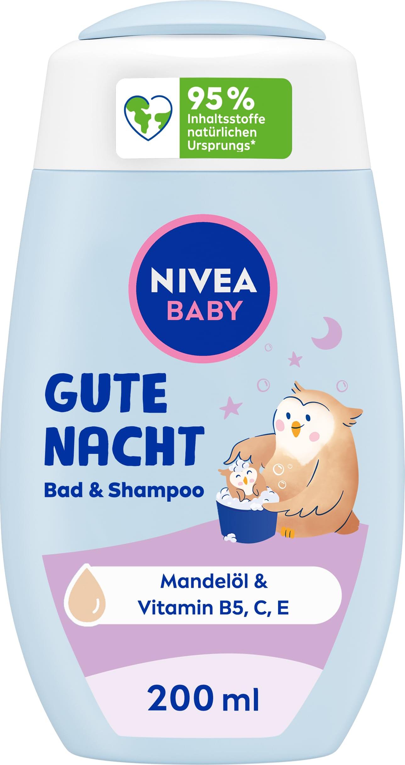 NIVEA BABY Gute Nacht Bad & Shampoo, mildes Babyshampoo & Duschgel mit Mandelöl, Vitamin E, B5 und C, beruhigendes Baby Shampoo mit hypoallergener Formel und hautfreundlichem pH-Wert (200 ml) ROlga_119*5_1,3_KK24