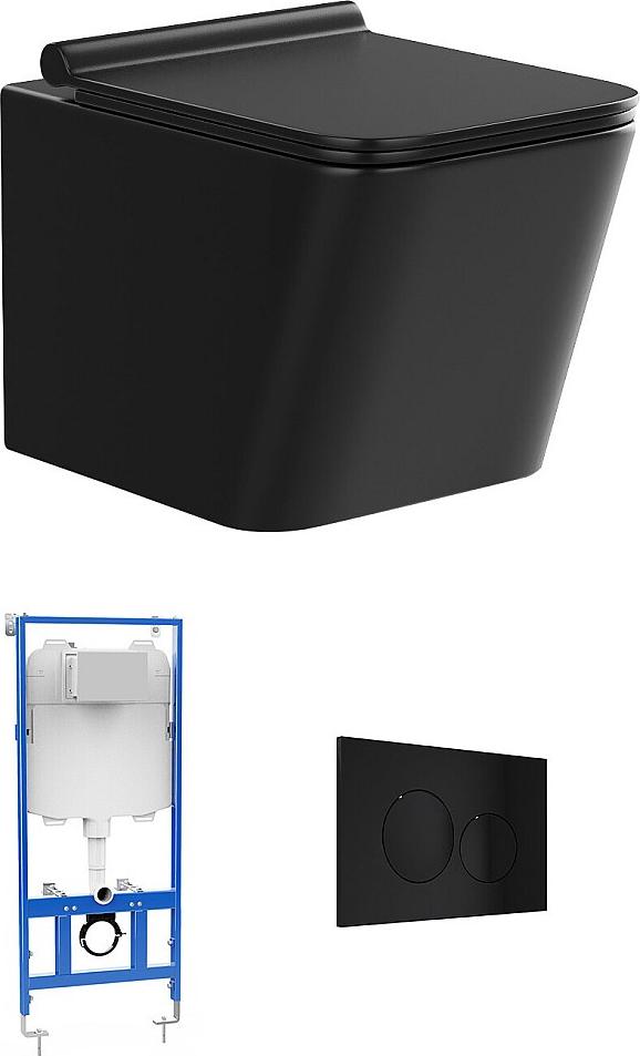 Vente-unique Keramisches Hänge-WC in Mattschwarz mit Rahmeneinbauoption und runder Spültaste - CLEMONA