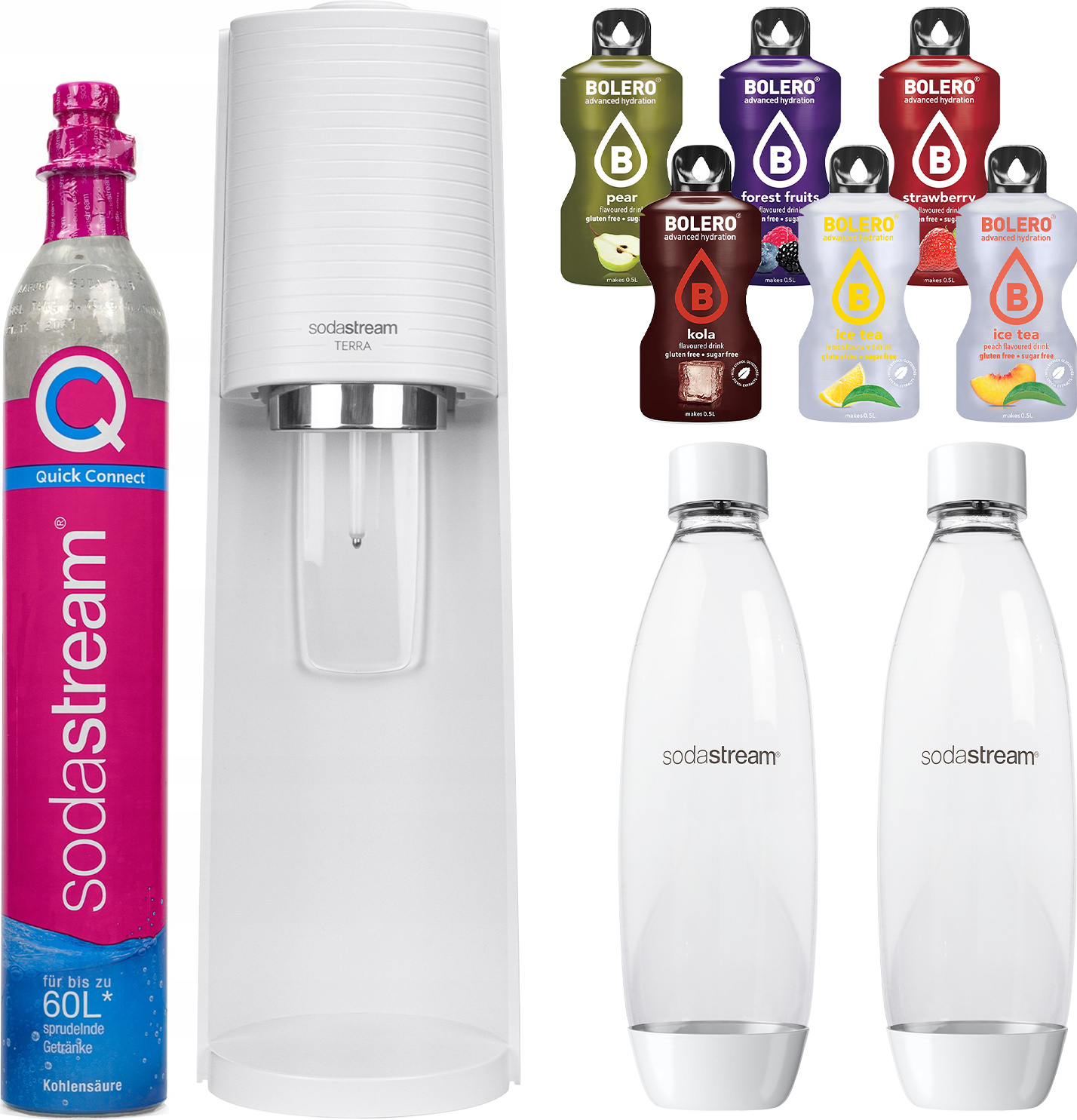 Výrobník sody SodaStream Terra White + 2 fľaše, biela + bolerko