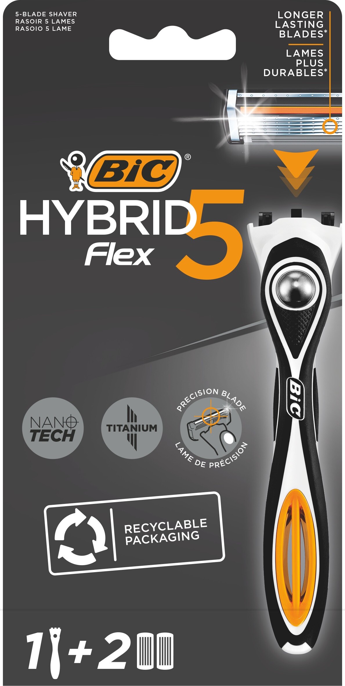 BIC Rasierapparate - Hybrid 5 Flex Shaving System fr Mnner - Przisionstrimmer und 5 bewegliche Titanium-Klingen - Rasierer mit 2 Nachfllklingen
