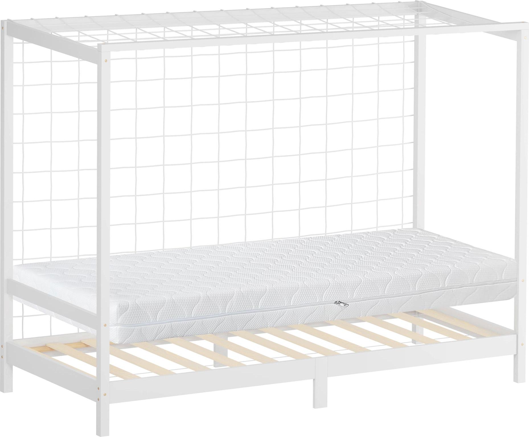 ML-Design Kinderbett Fußballtor 90x200 cm Einzelbett mit Matratze H:16cm Weiß Holzbett mit Lattenrost & Netz Jugendbett aus Kiefernholz Handballtor 490017852