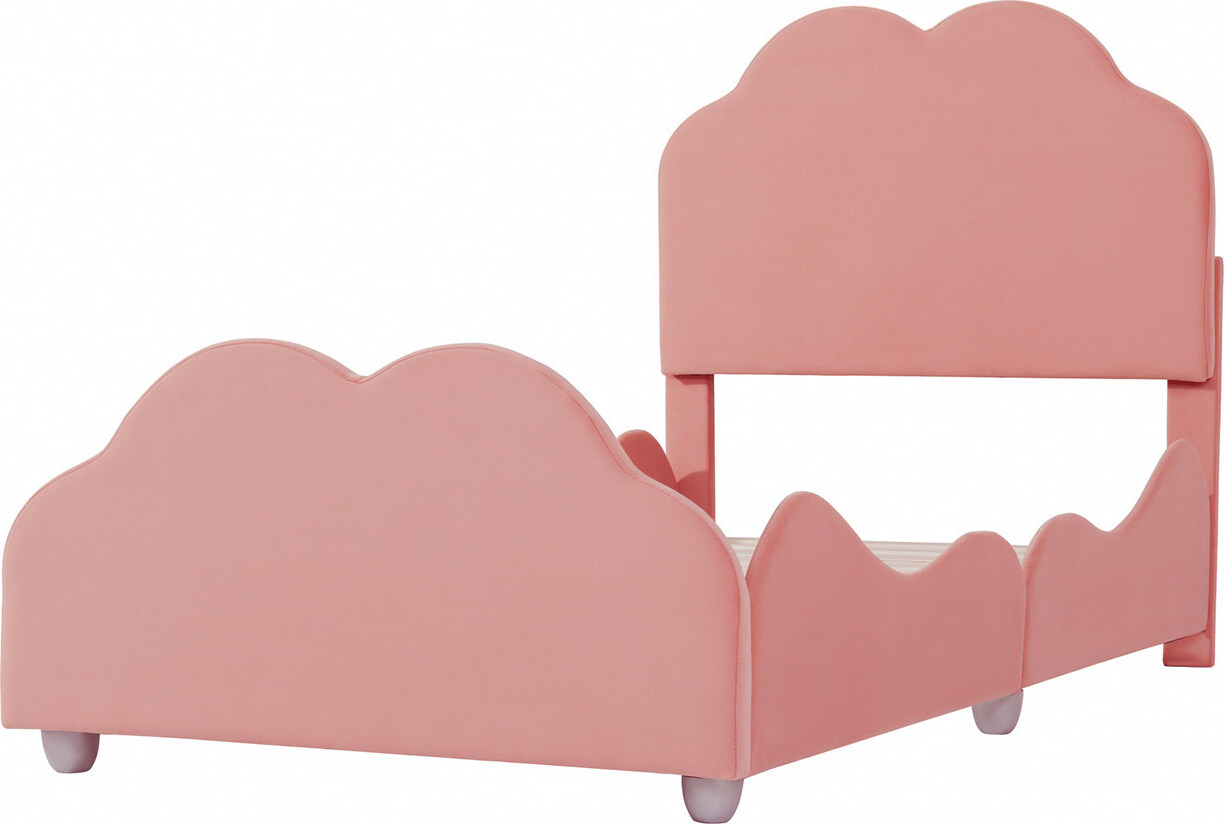 Polsterbett Kinderbett(Rosa)hohes Geländer-Kinderbettgestell mit wolkenförmigem Kopf- und Fußteil. Einzelbett in hautfreundlichem Samt
