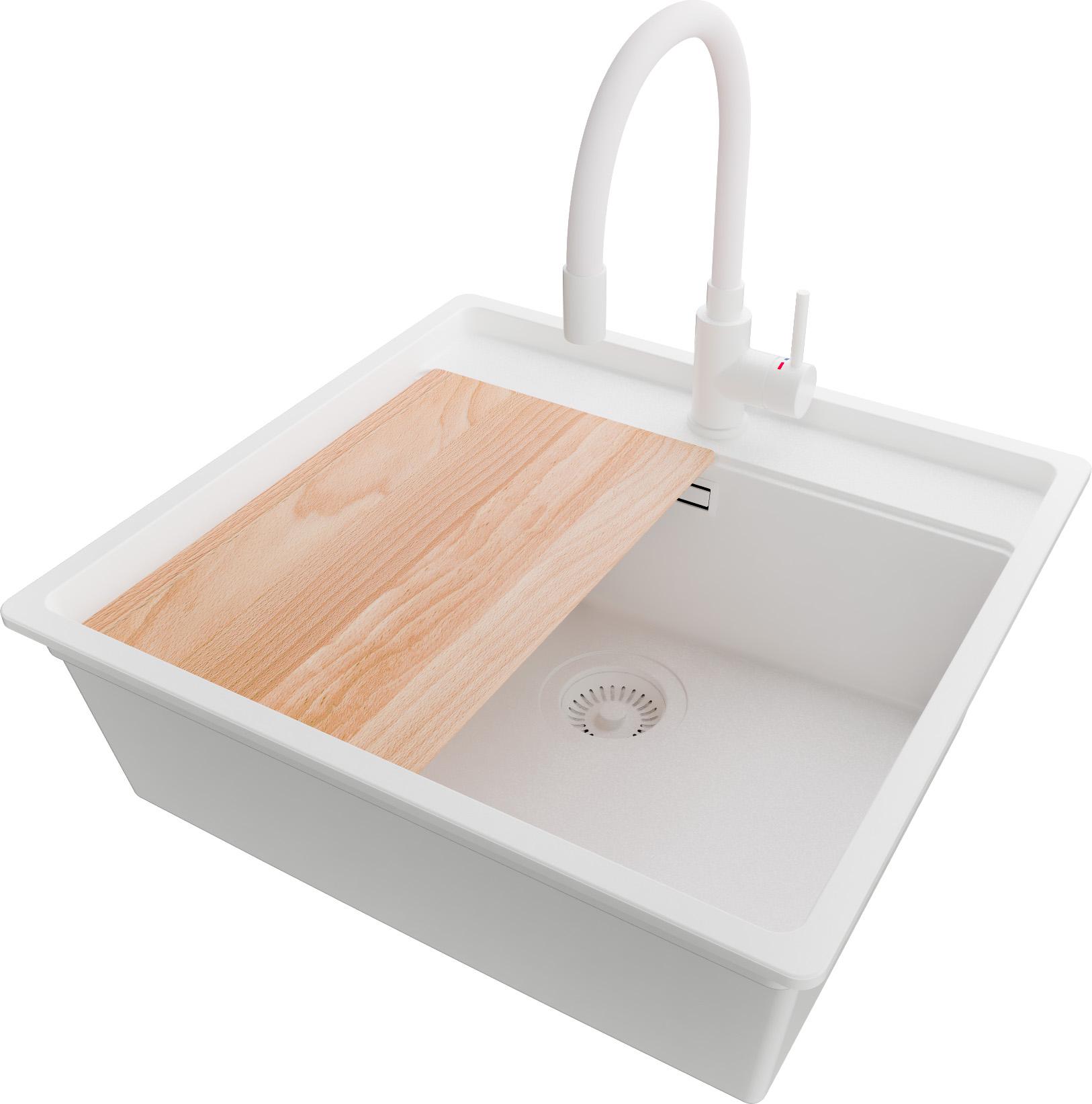 PRIMAGRAN Unterbauspüle Granit Alles Weiß 56x53cm, Spülbecken 1 Becken + Ablauf-Set + Küchenzubehörset, Granitspüle ab 60er Unterschrank - Bergen