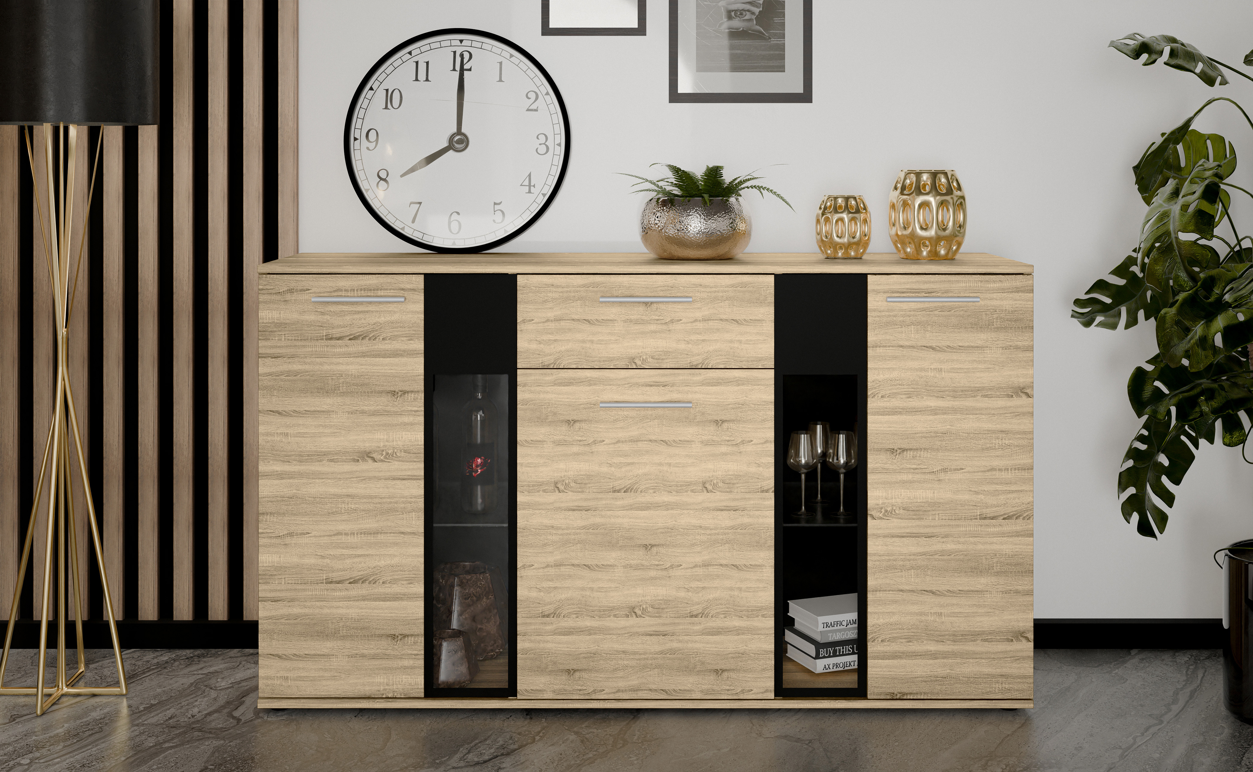 AX LIVING Formilo Sideboard Kommode Sonoma Eiche mit Schublade 140,4cm N0077