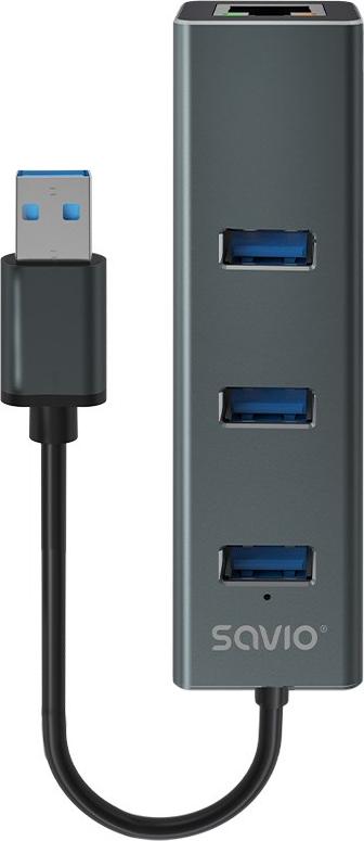 Savio AK-57 USB-A - 3 x USB-A HUB s adaptérom RJ-45 Gigabit Ethernet 5000 Mbit/s šedý USB 3.2 Gen 1 (3.1 Gen 1) Micro-B 5000 Mbit/s čierny