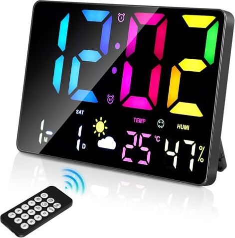 Xakay Wecker Digital großes Display, Nachttisch, 12 Zoll Wand Fernbedienung, LED-Luminznummern RGB-Nachtlicht, Datum, 12/24h, 0-100% Dimmen,