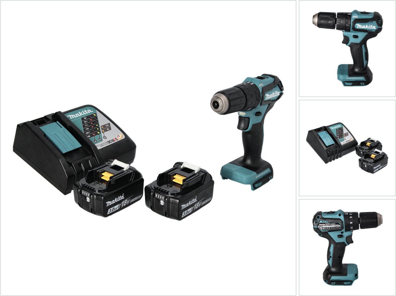 Akumulátorová príklepová vŕtačka Makita DHP 483 RF 18 V 40 Nm bez kefiek + 2x akumulátor 3,0 Ah + nabíjačka